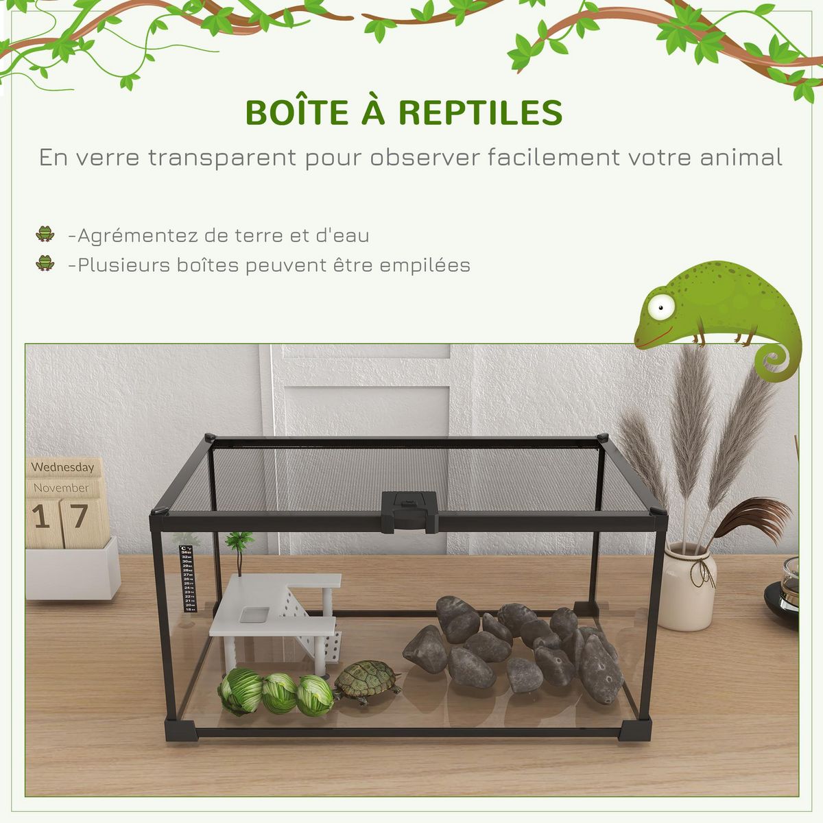 PAWHUT Terrarium en verre - vivarium reptiles & batraciens - habitat tortue - couvercle grillagé coulissant verrouillable - accessoires, thermomètre inclus - métal noir verre