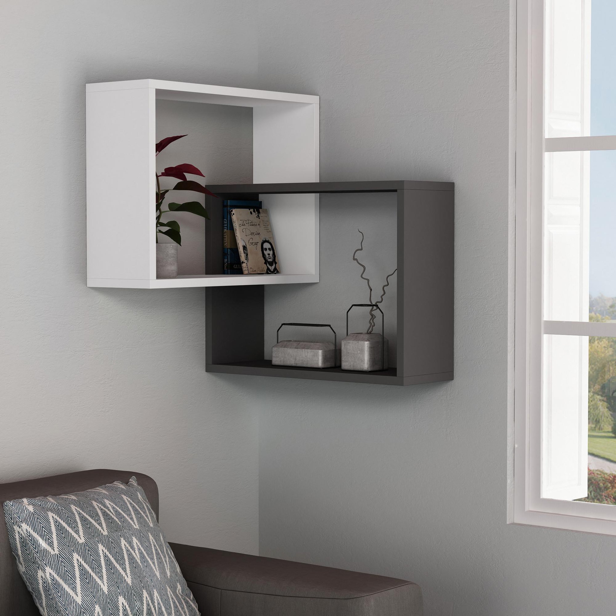 Voir la diapositive 2 : Habitat et Jardin Lot de 2 étagères murales d'angle en bois  ring  - 68 x 60 x 68 cm - gris anthracite