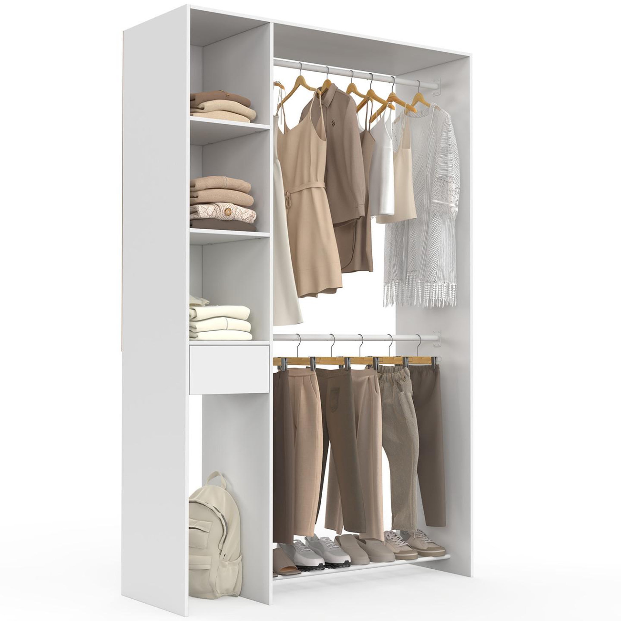 ID MARKET Dressing double penderie l. 110 cm mirty avec étagères + tiroir + rangements à chaussures blanc