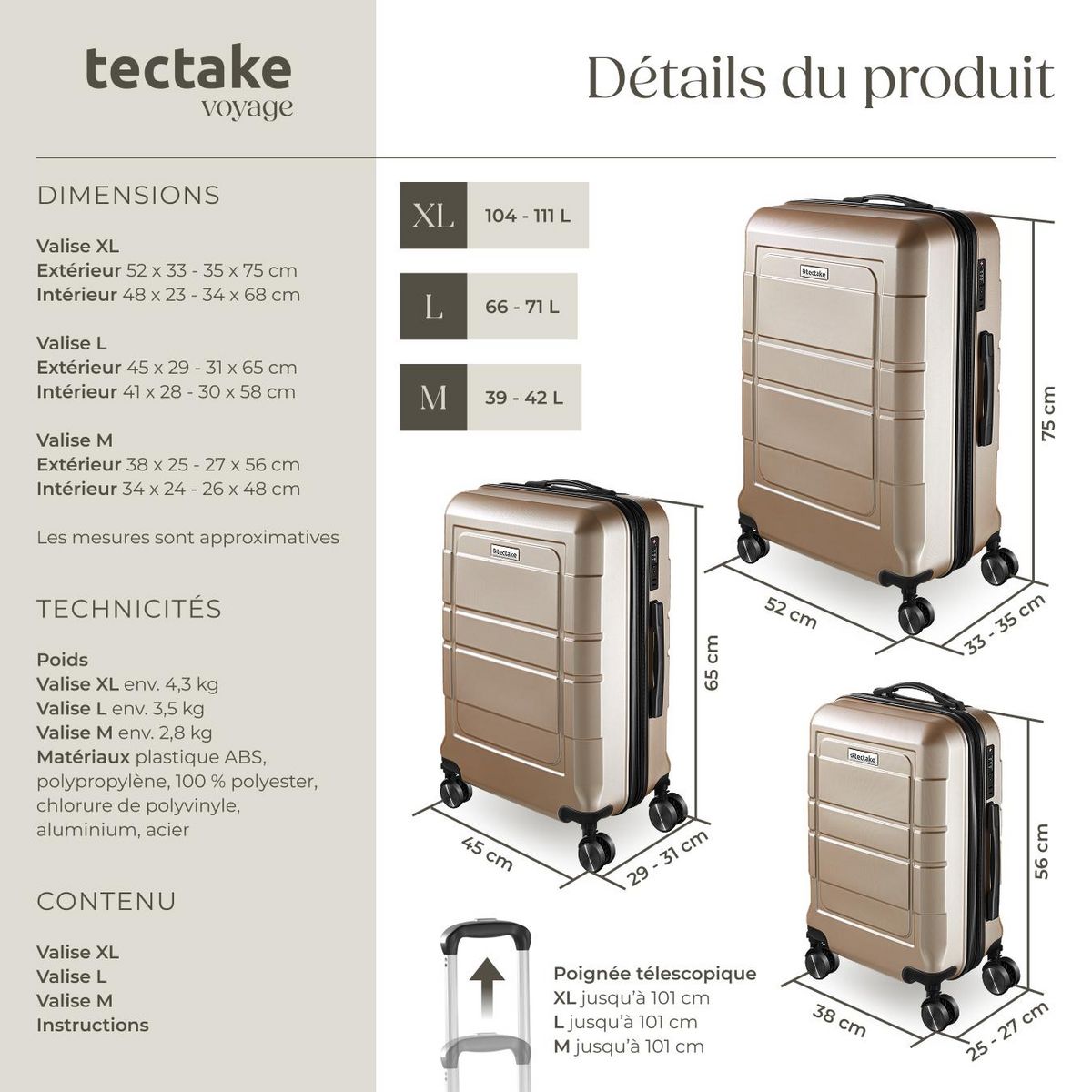 tectake Set de valises de voyage 3 pièces en plastique ABS robuste avec revêtement en polycarbonate champagne