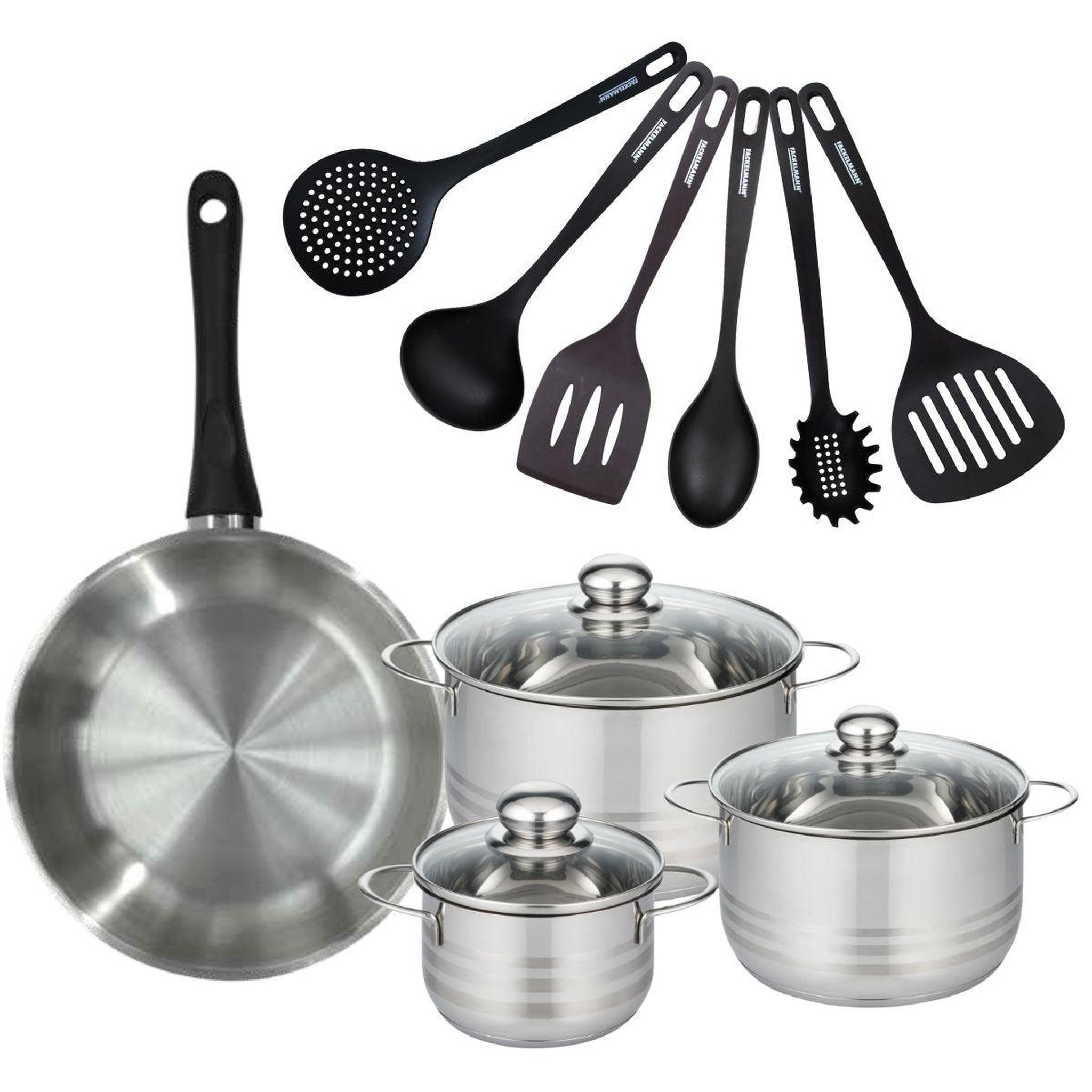Fackelmann Batterie de cuisine avec 1 poêle 28 cm et 3 faitouts 16/20/24 cm avec 6 ustensiles de cuisine fackelmann généva brillant fénix