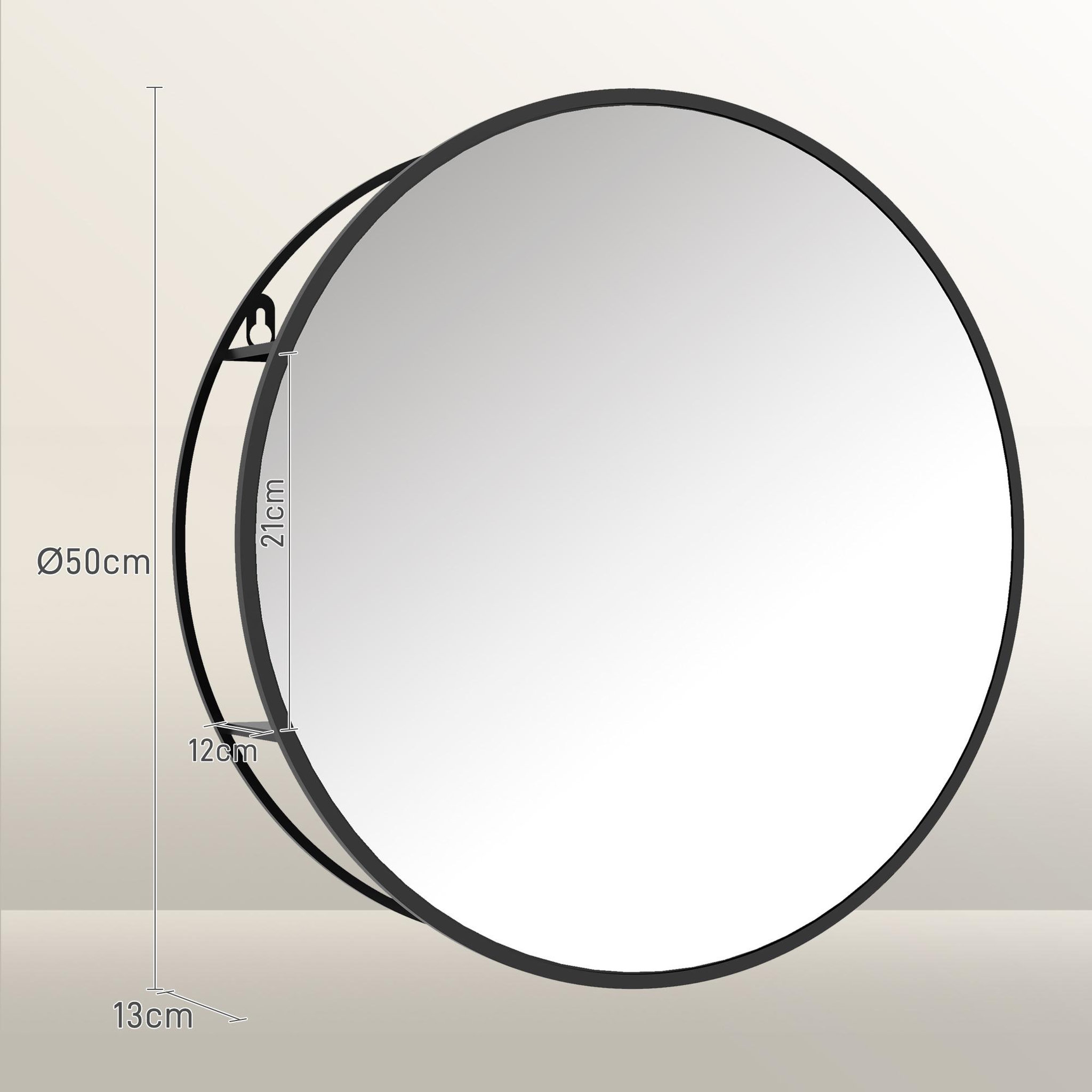 Voir la diapositive 3 : HOMCOM Miroir mural rond dia. 50 cm - 2 étagères - cadre métal noir