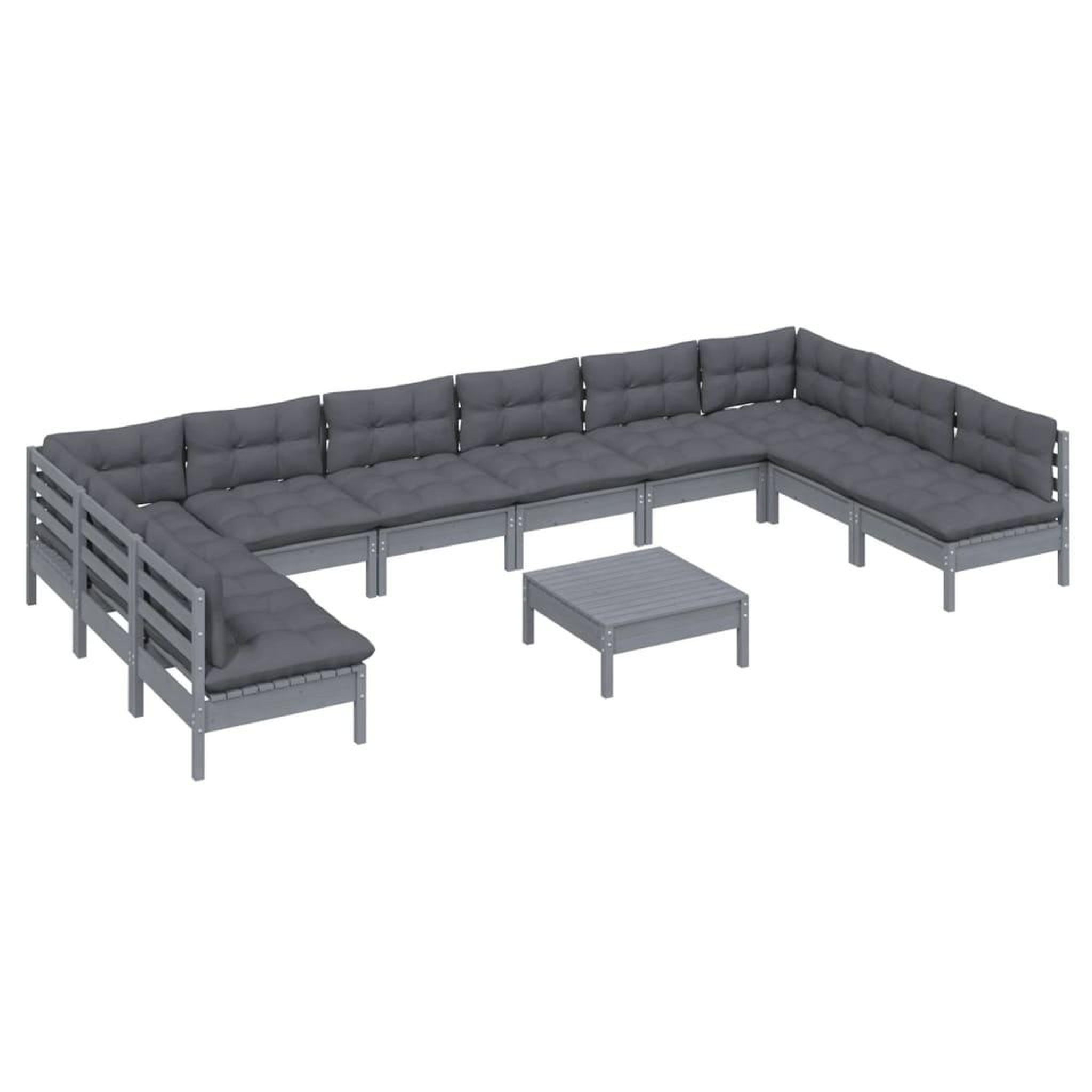 Voir la diapositive 3 : VIDAXL Salon de jardin 11 pcs avec coussins Gris Bois de pin solide