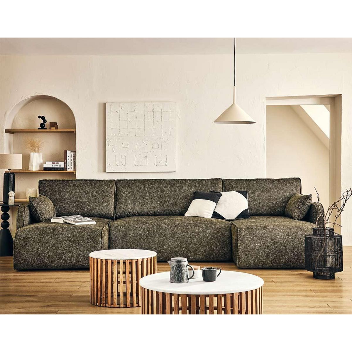 LISA DESIGN Apolline - canapé panoramique en u 7 places convertible avec coffres en tissu moucheté