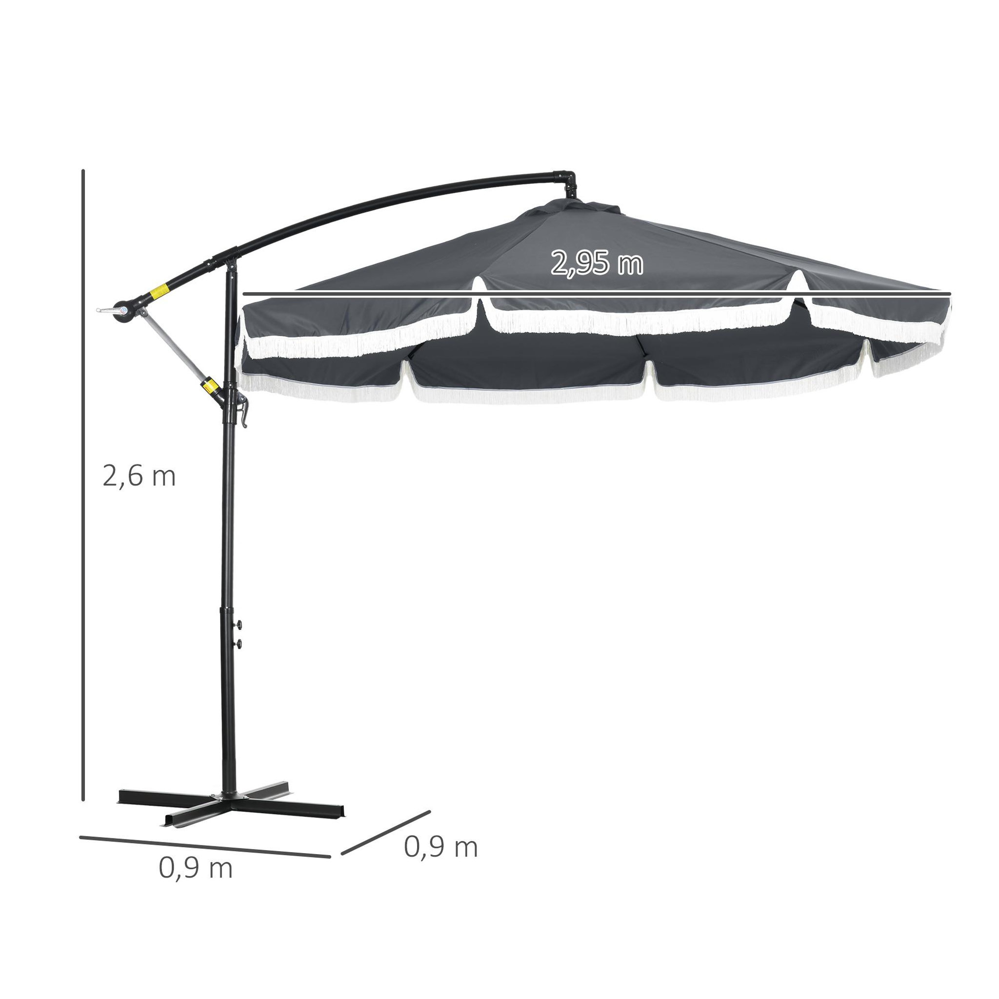 Voir la diapositive 3 : OUTSUNNY Parasol déporté grande taille dim. Ø2,95 x 2,6H m manivelle pied en croix 8 baleines gris