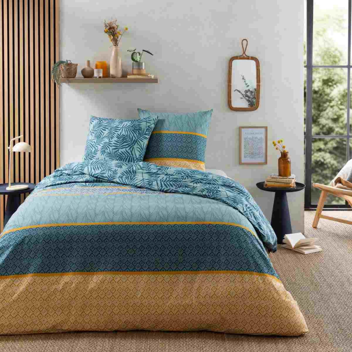 FUTURE HOME Parure de lit 2 personnes en coton 57 fils imprimé vert