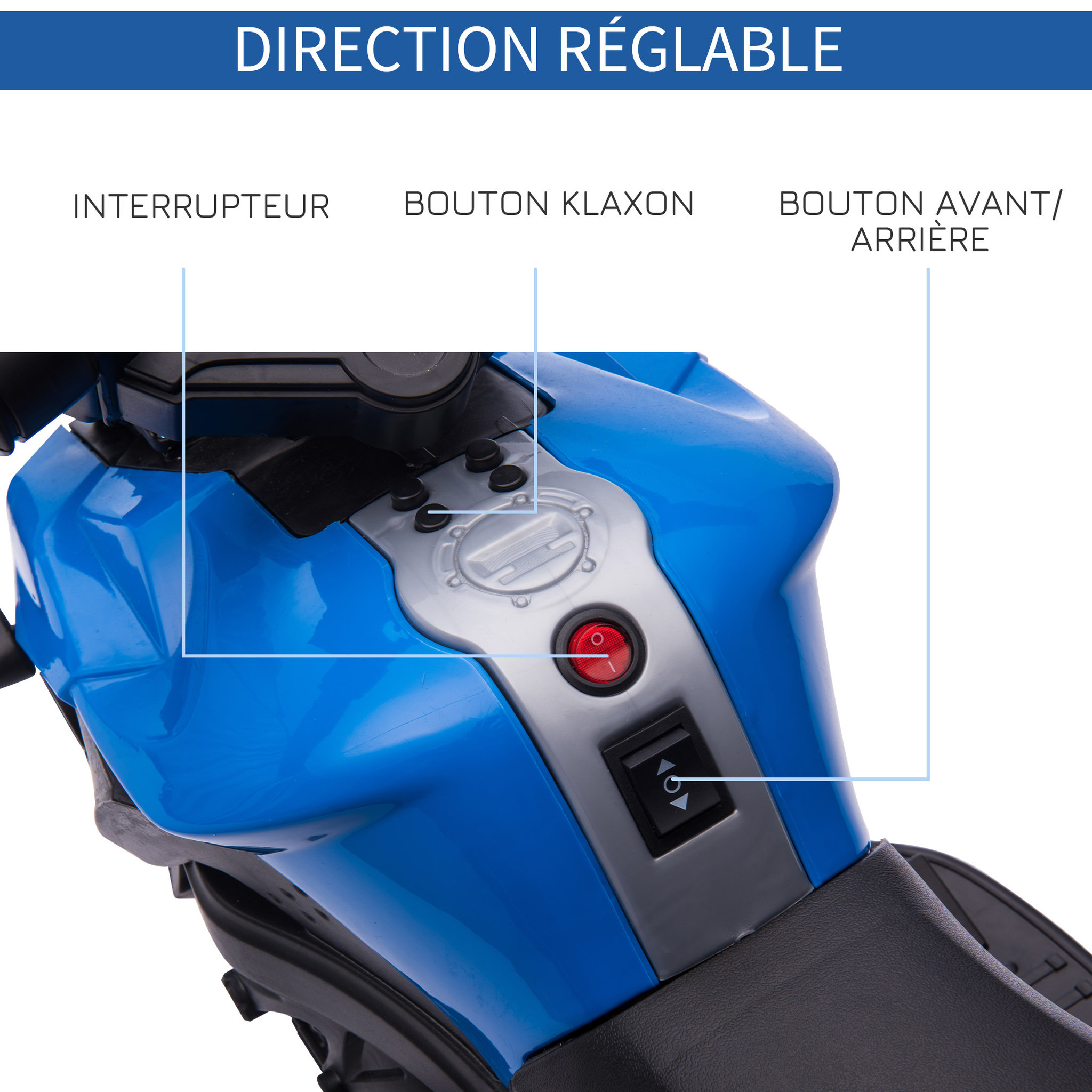 Voir la diapositive 5 : HOMCOM Moto électrique enfant 6 V 3 Km/h effet lumineux et sonore roulettes amovibles repose-pied valises latérales métal PP bleu noir