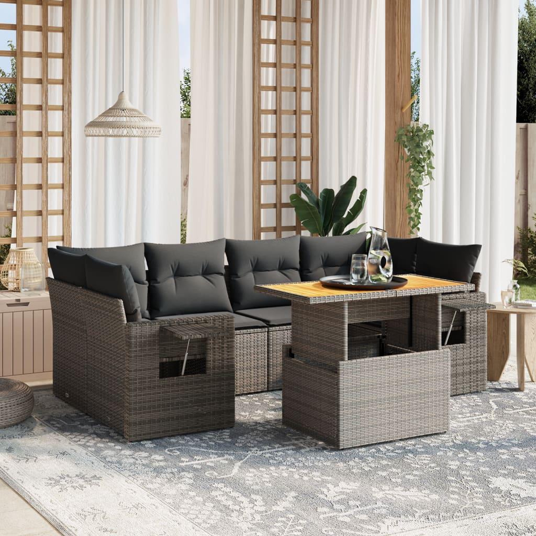 VIDAXL Salon de jardin avec coussins 7 pcs gris resine tressee