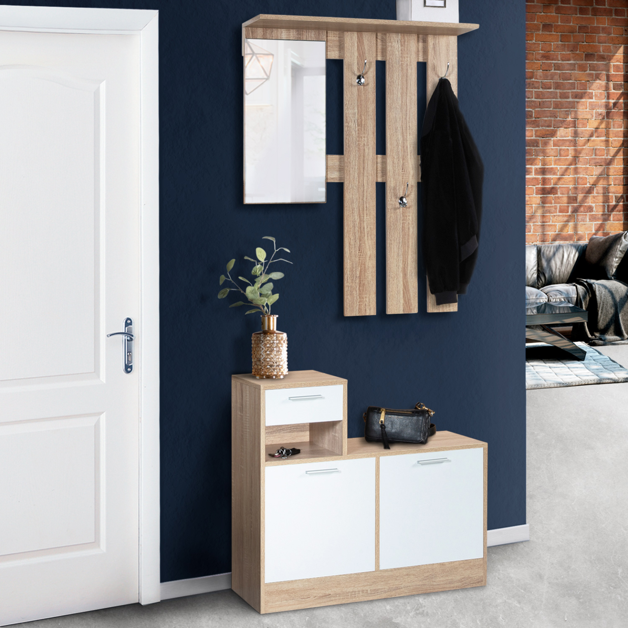 Voir la diapositive 2 : ID MARKET Vestiaire d'entrée avec miroir paulin design hêtre portes blanches