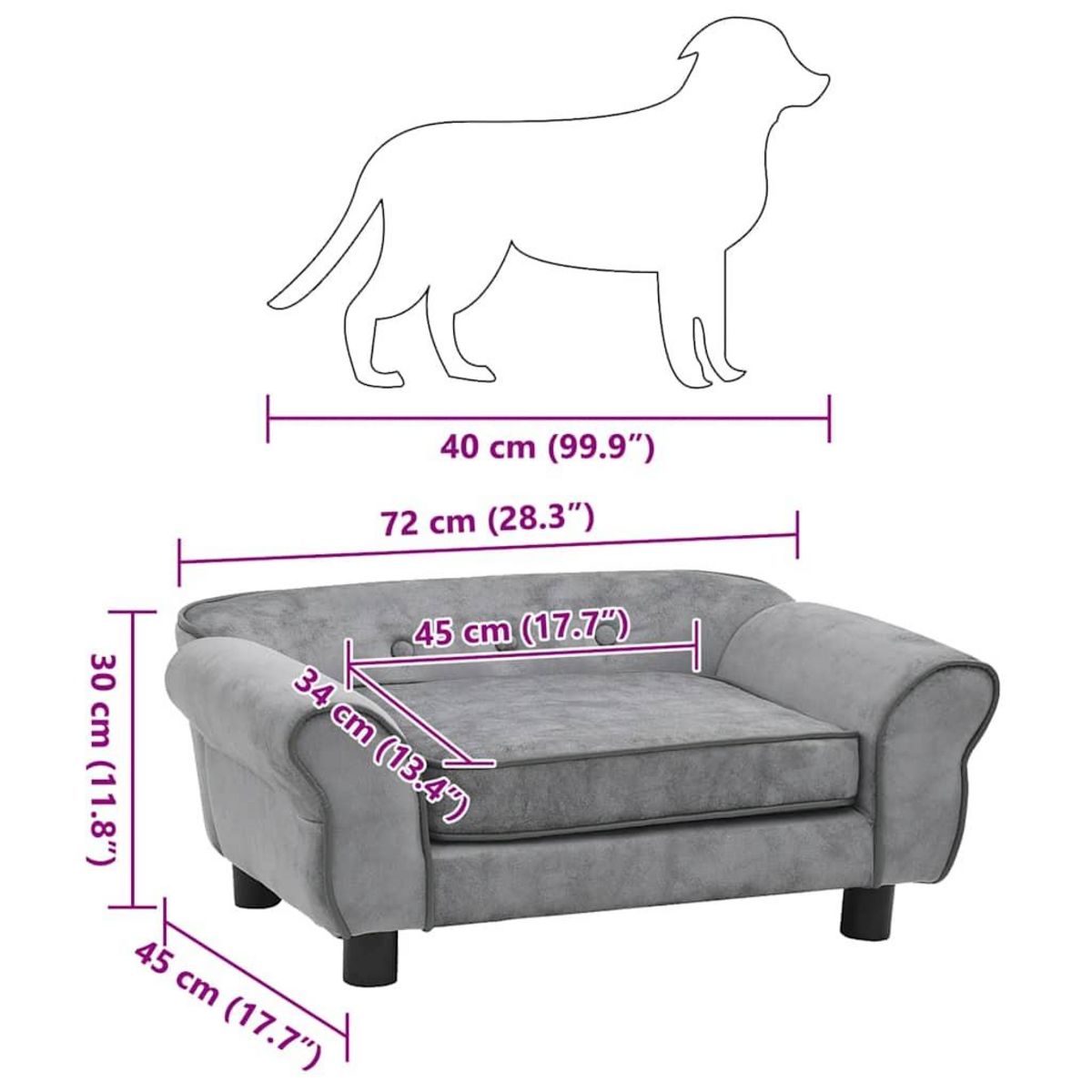 VIDAXL Canape pour chien Gris 72x45x30 cm Peluche