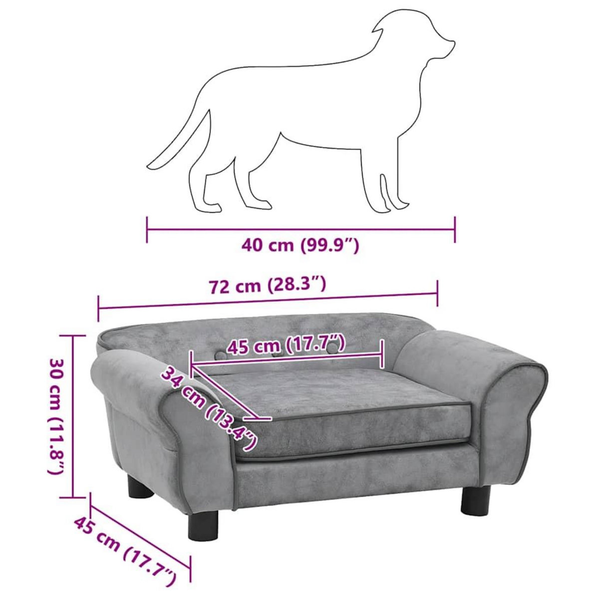 VIDAXL Canape pour chien Gris 72x45x30 cm Peluche