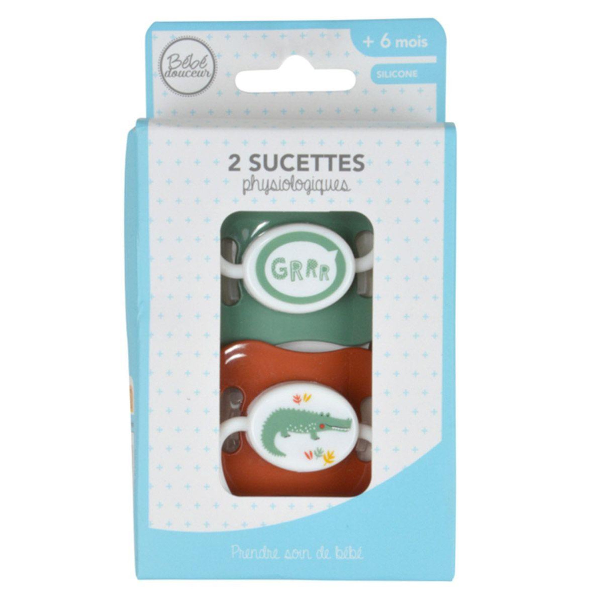 Voir la diapositive 2 : BEBE DOUCEUR Lot de 2 sucettes bébé crocodile  sweet savane  +6 mois vert