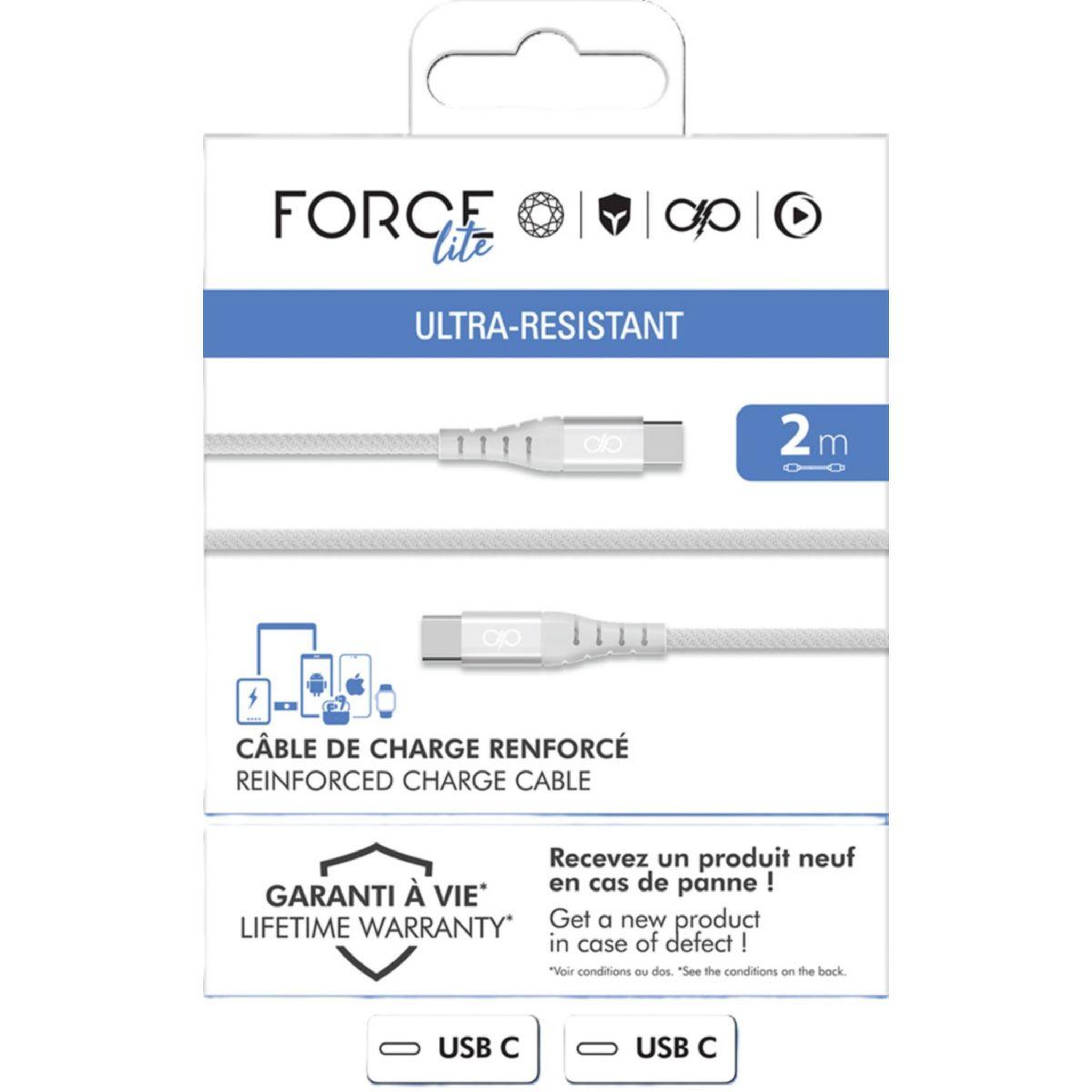 Voir la diapositive 3 : FORCE POWER Câble usb 60w usb-c / usb-c 2m blanc