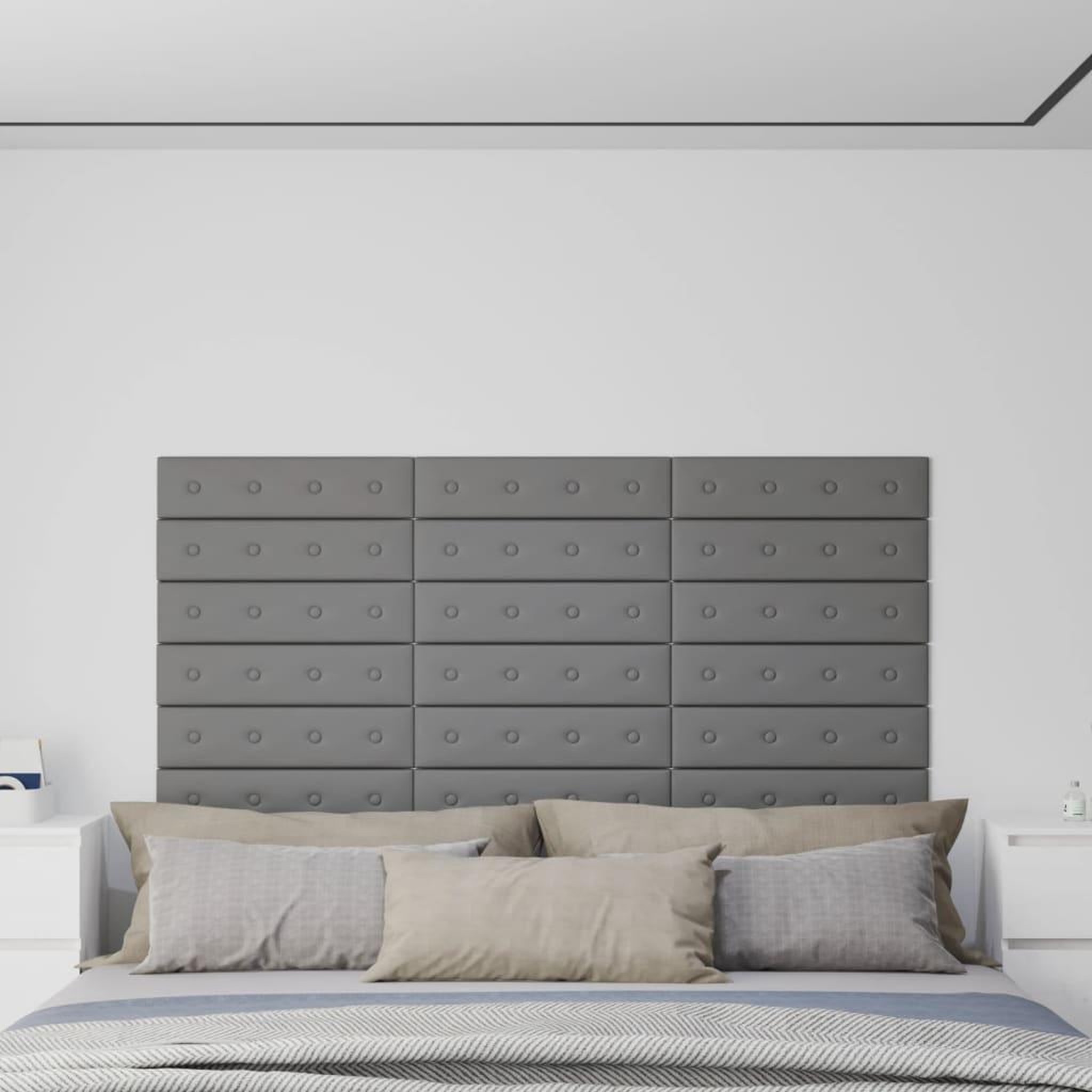 Voir la diapositive 1 : VIDAXL Panneaux muraux 12 pcs Gris 60x15 cm Similicuir 1,08 m^2