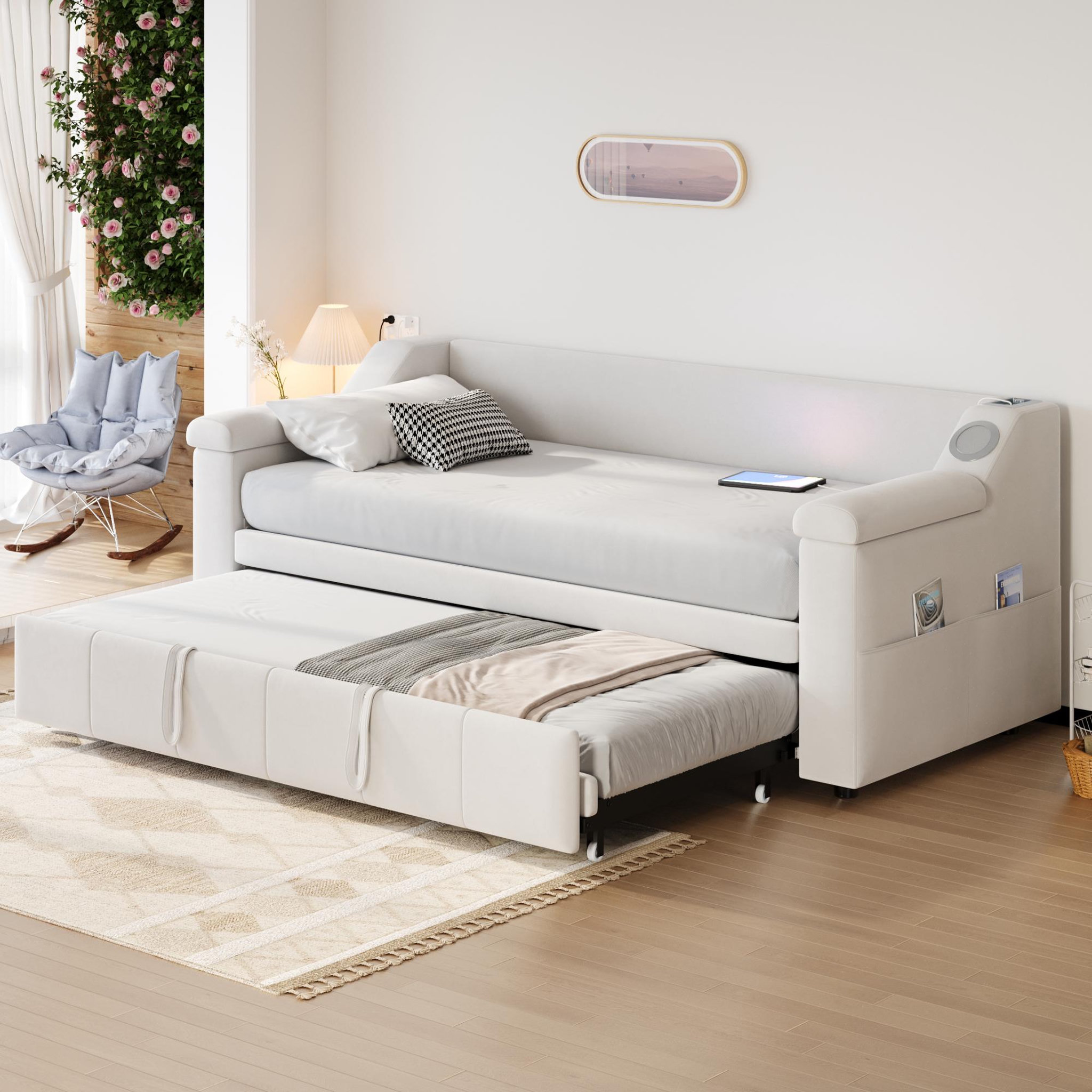 Voir la diapositive 5 : MERAX Lit banquette gigogne rembourré 90x190(180x190)cm