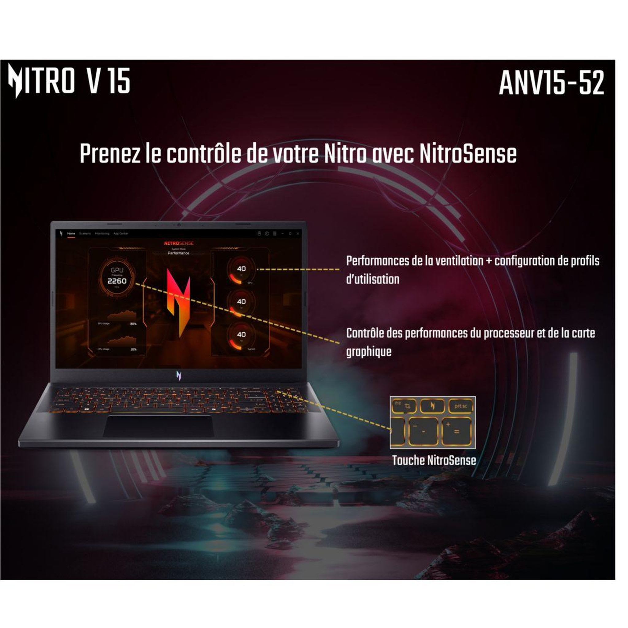Voir la diapositive 2 : ACER PC Gamer Nitro 15,6  FHD 165Hz Intel Core i7 13620H Nvidia GeForce RTX 5060 16 Go RAM DDR4 SSD 512 Go