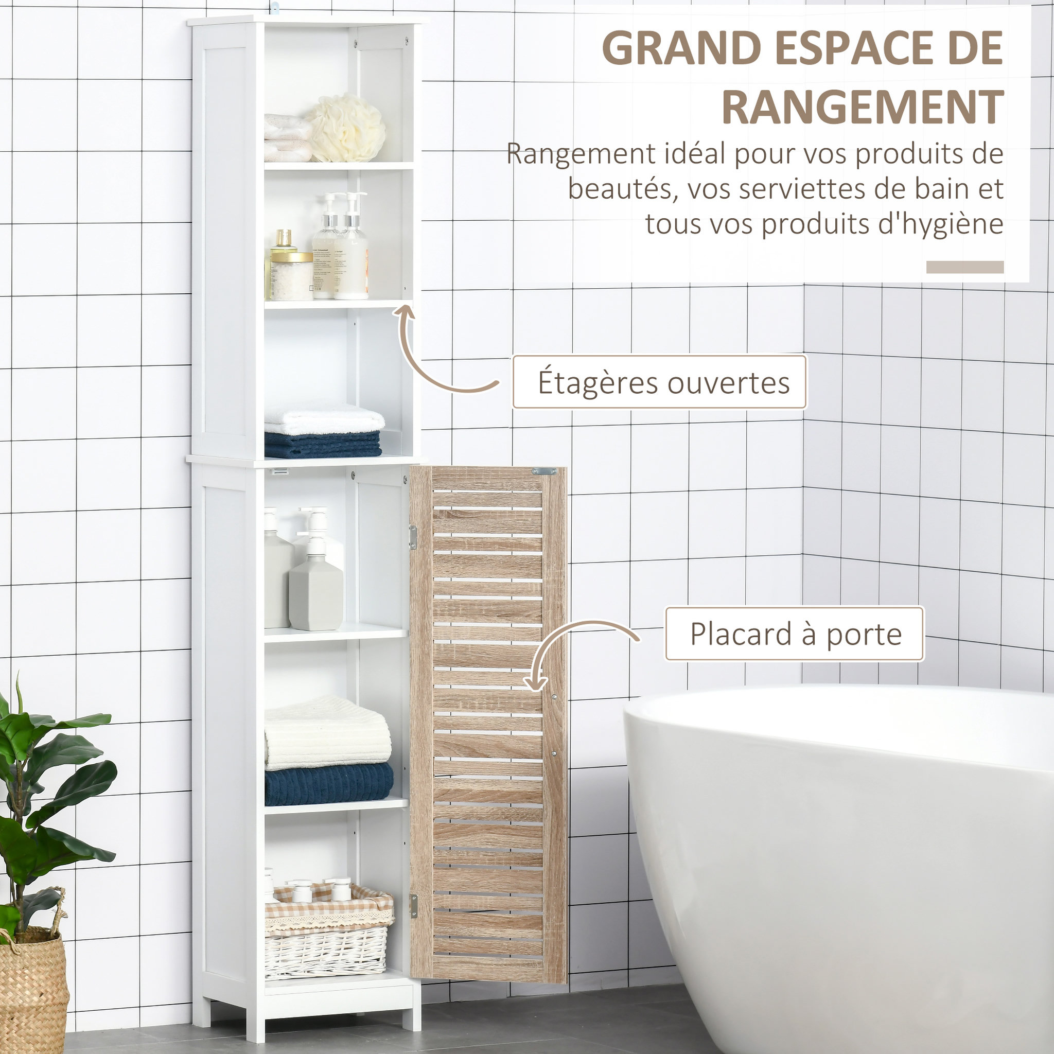 Voir la diapositive 5 : KLEANKIN Meuble colonne rangement salle de bain style cosy dim. 34L x 26l x 172H cm 3 niches porte aspect bois lattes 3 étagères