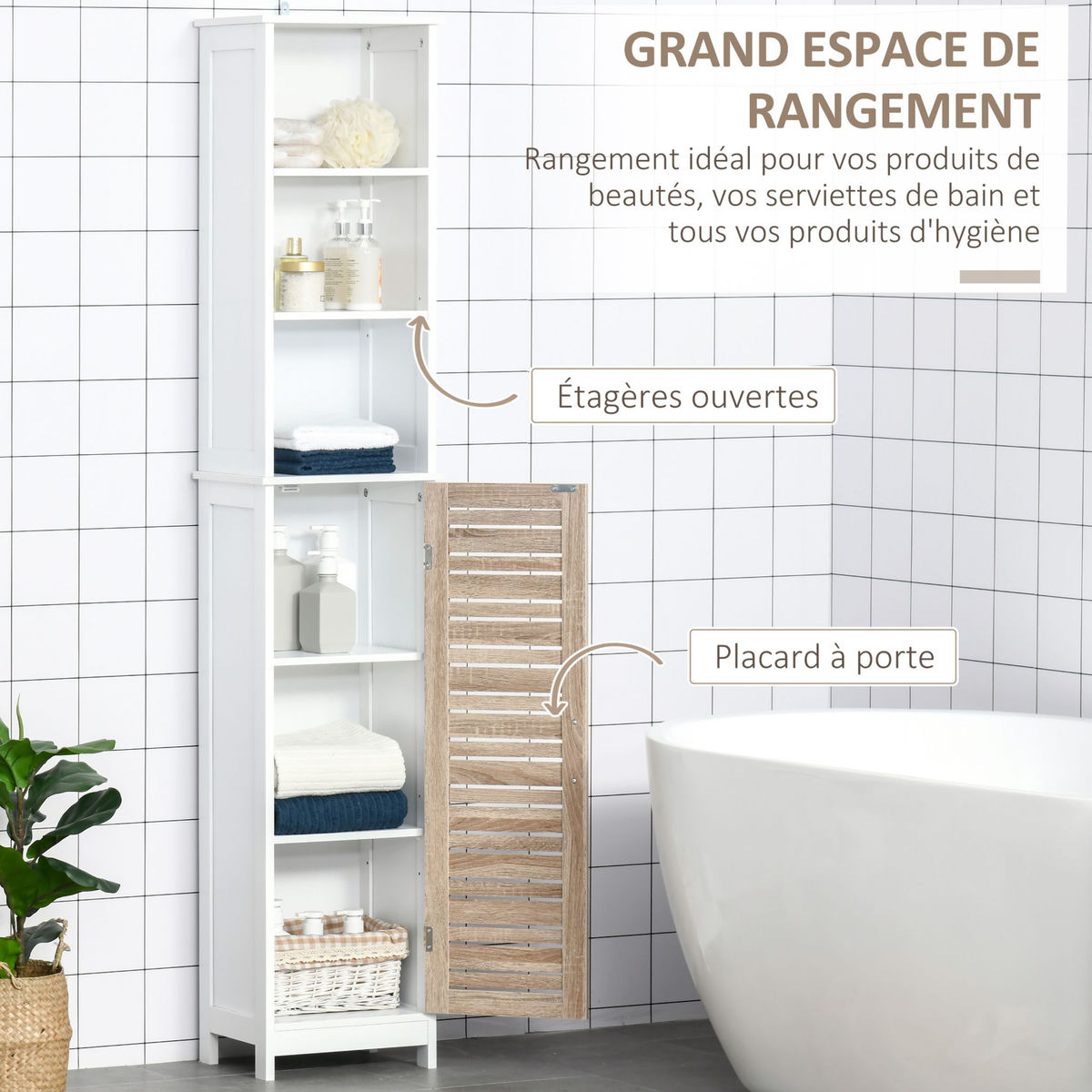 KLEANKIN Meuble colonne rangement salle de bain style cosy dim. 34L x 26l x 172H cm 3 niches porte aspect bois lattes 3 étagères