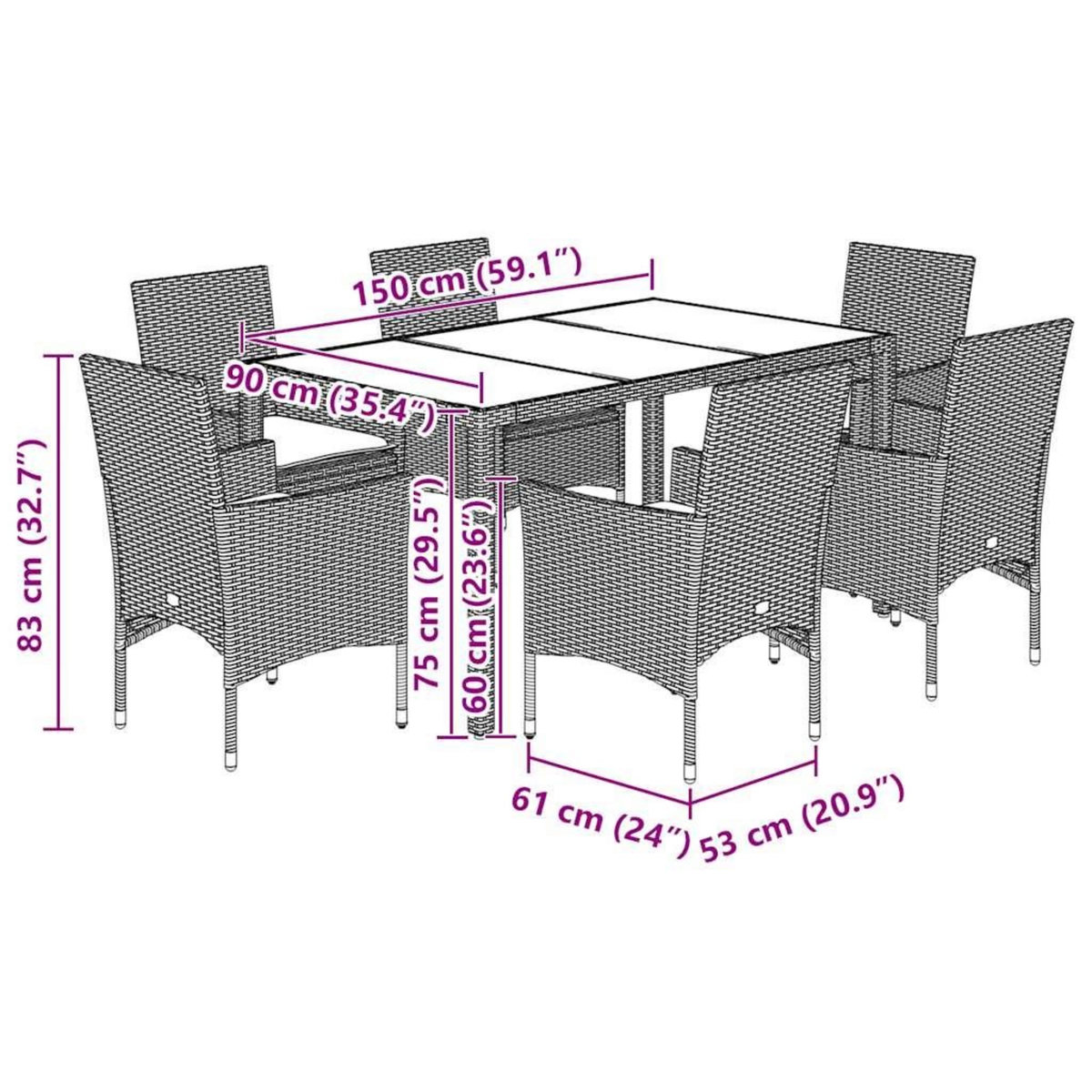 VIDAXL Ensemble a manger de jardin avec coussins 7 pcs rotin et verre