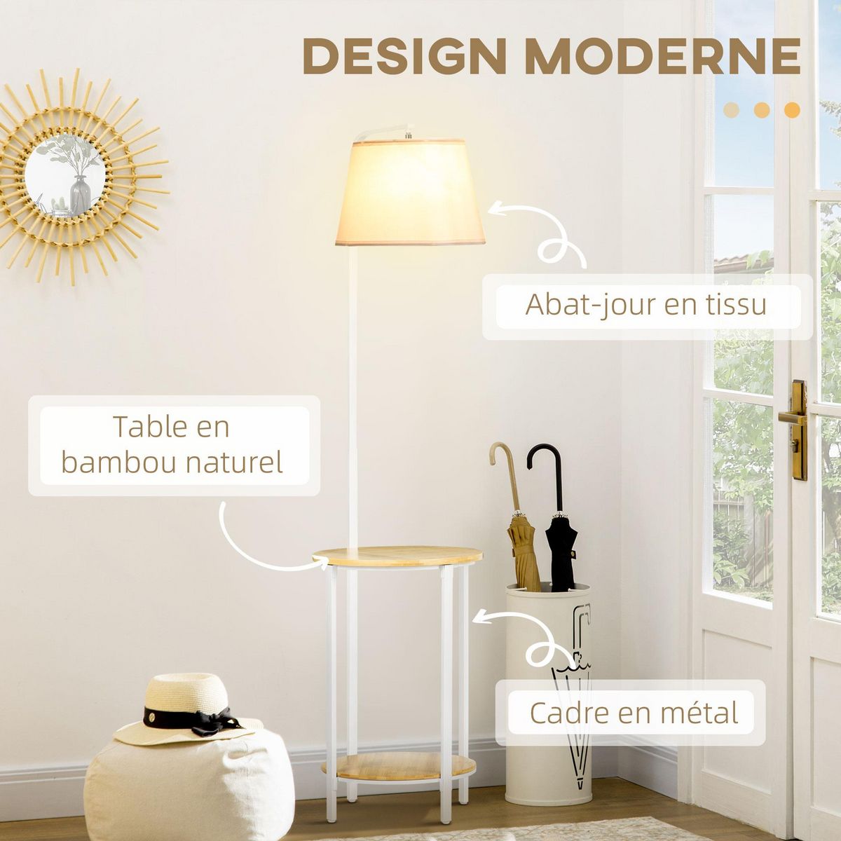 HOMCOM Lampadaire étagères design dim. Ø 37 x 162H cm 40 W max. bois bambou verni métal abat-jour tissu blanc