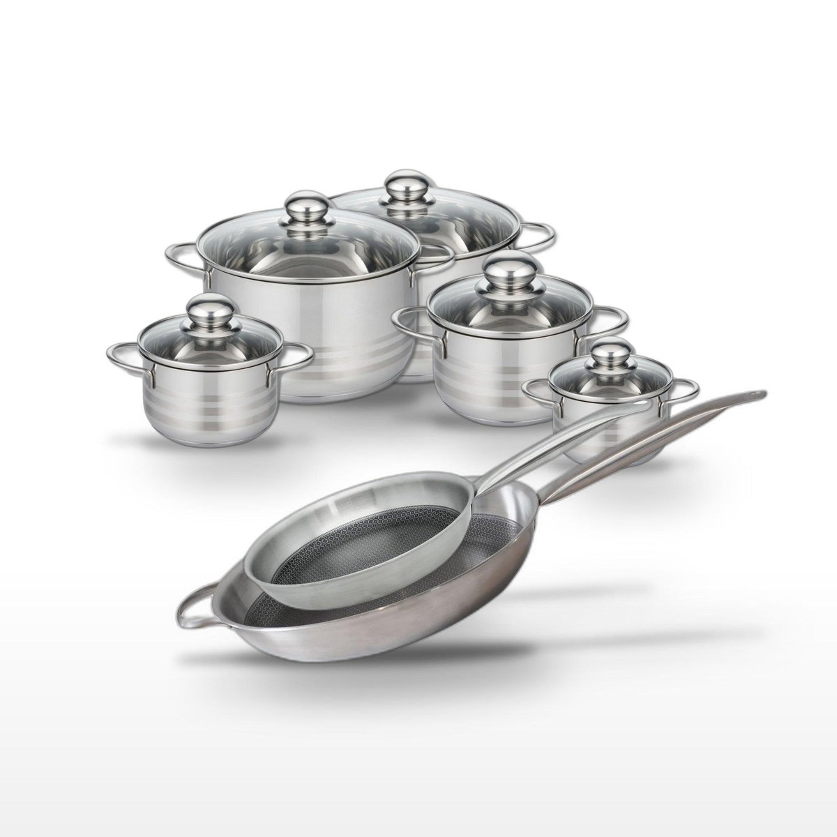 ELO Lot 2 Poêles 28/32 cm et 5 Faitouts 12/14/16/20/24 cm Elo Relief Solution