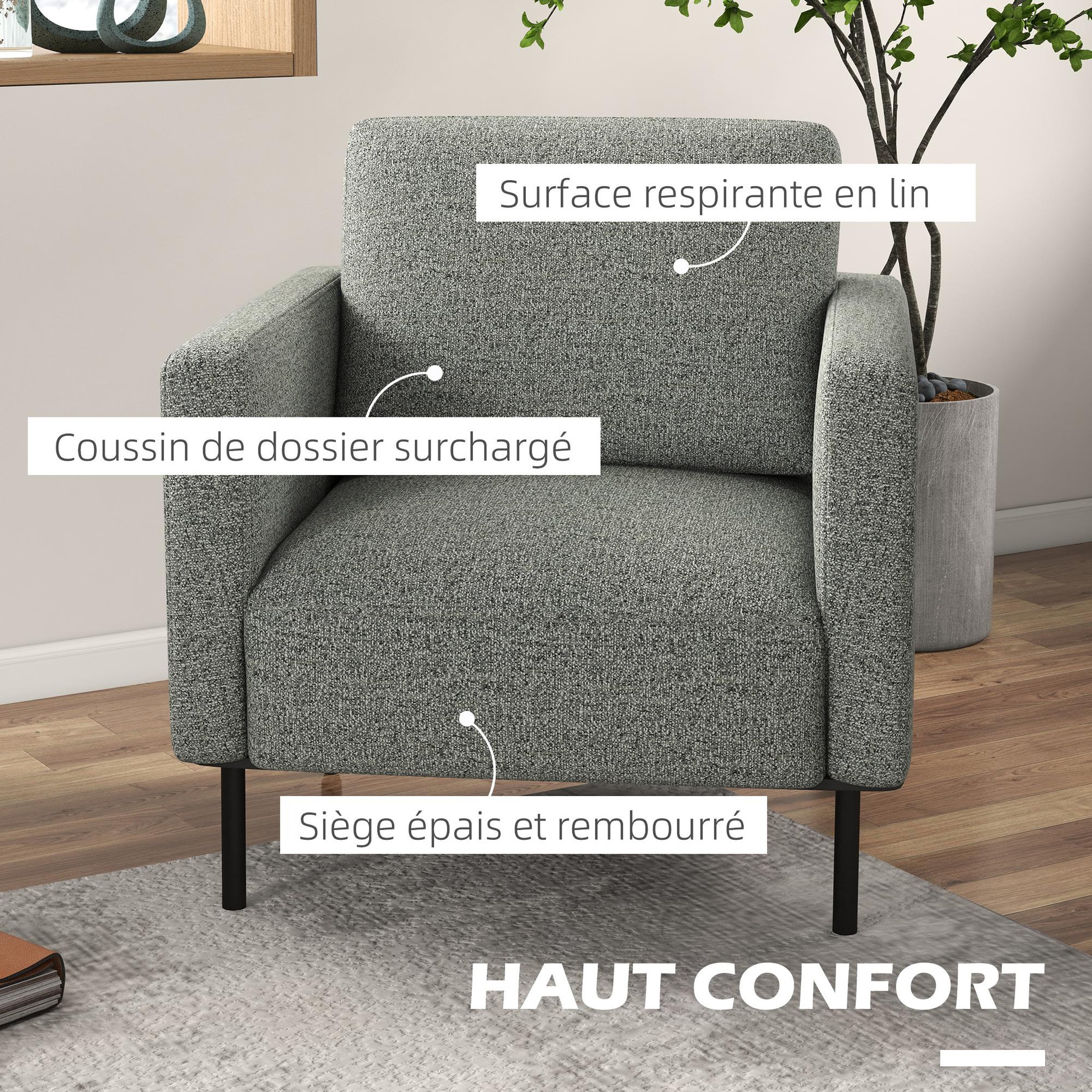 Voir la diapositive 5 : HOMCOM Fauteuil style contemporain grand confort piètement métal noir tissu toucher lin gris chiné