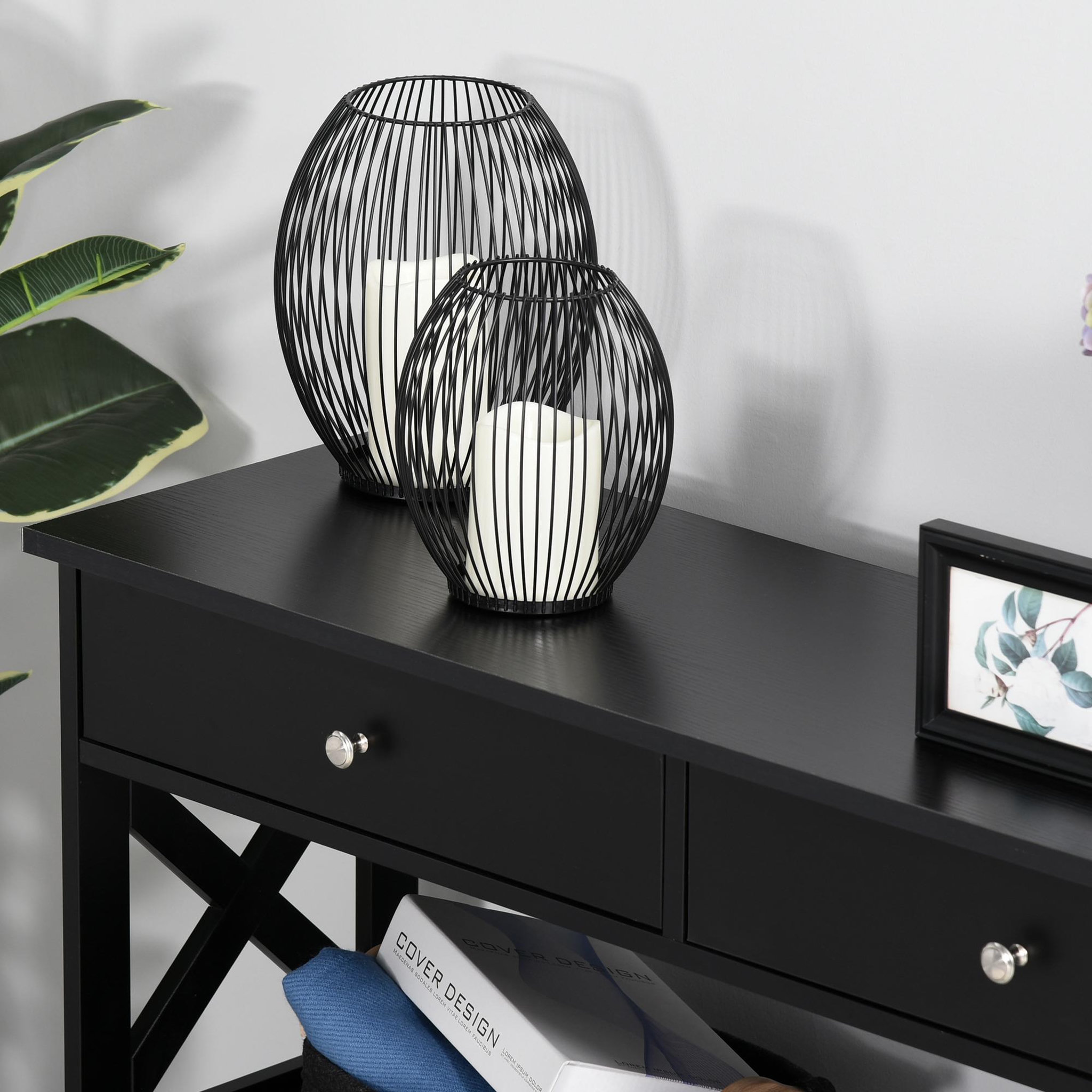 Voir la diapositive 6 : HOMCOM Console style table de drapier néo-rétro 2 tiroirs 2 étagères dim. 100L x 30l x 80H cm MDF noir