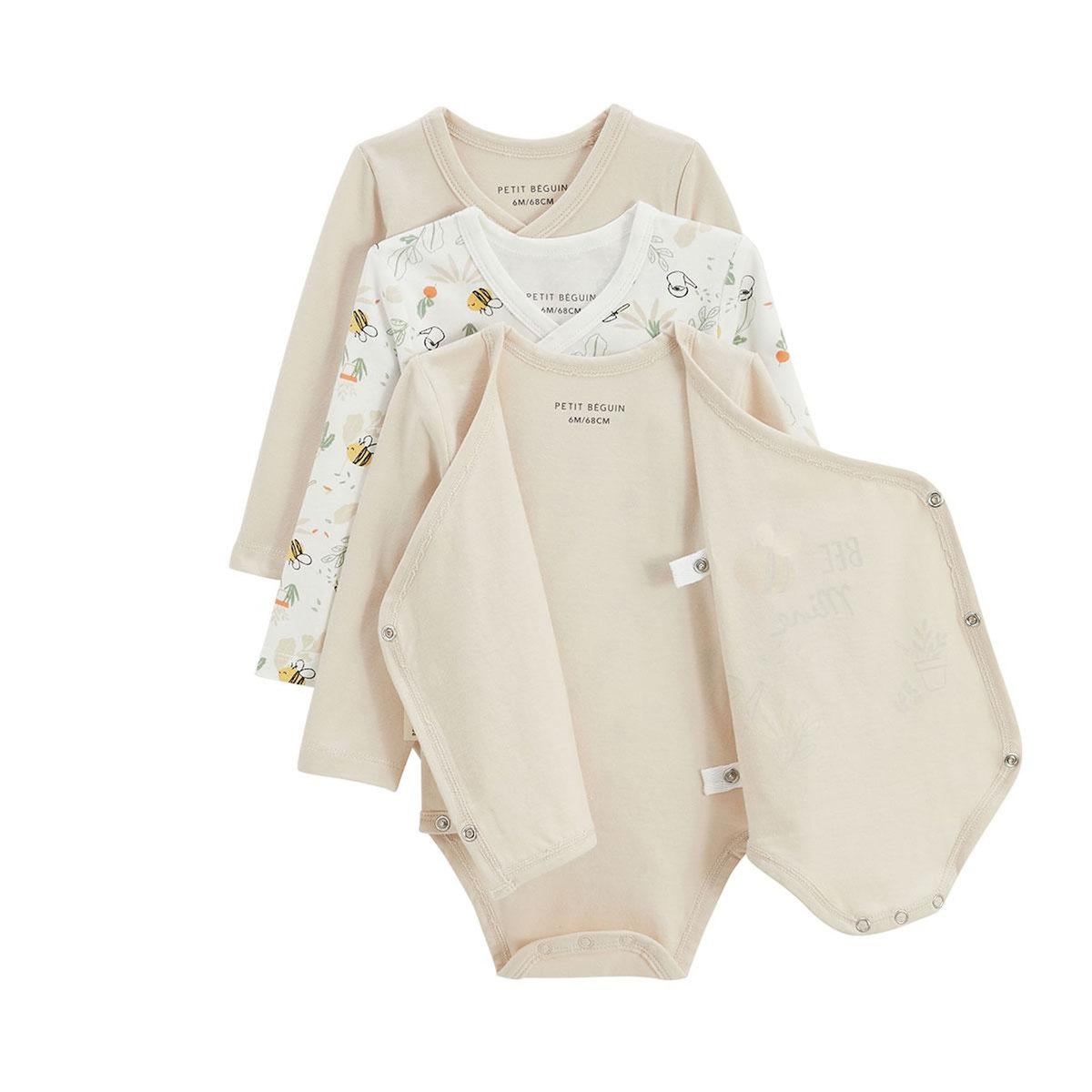Petit Béguin Lot de 3 bodies bébé manches longues ouverture croisée Eden