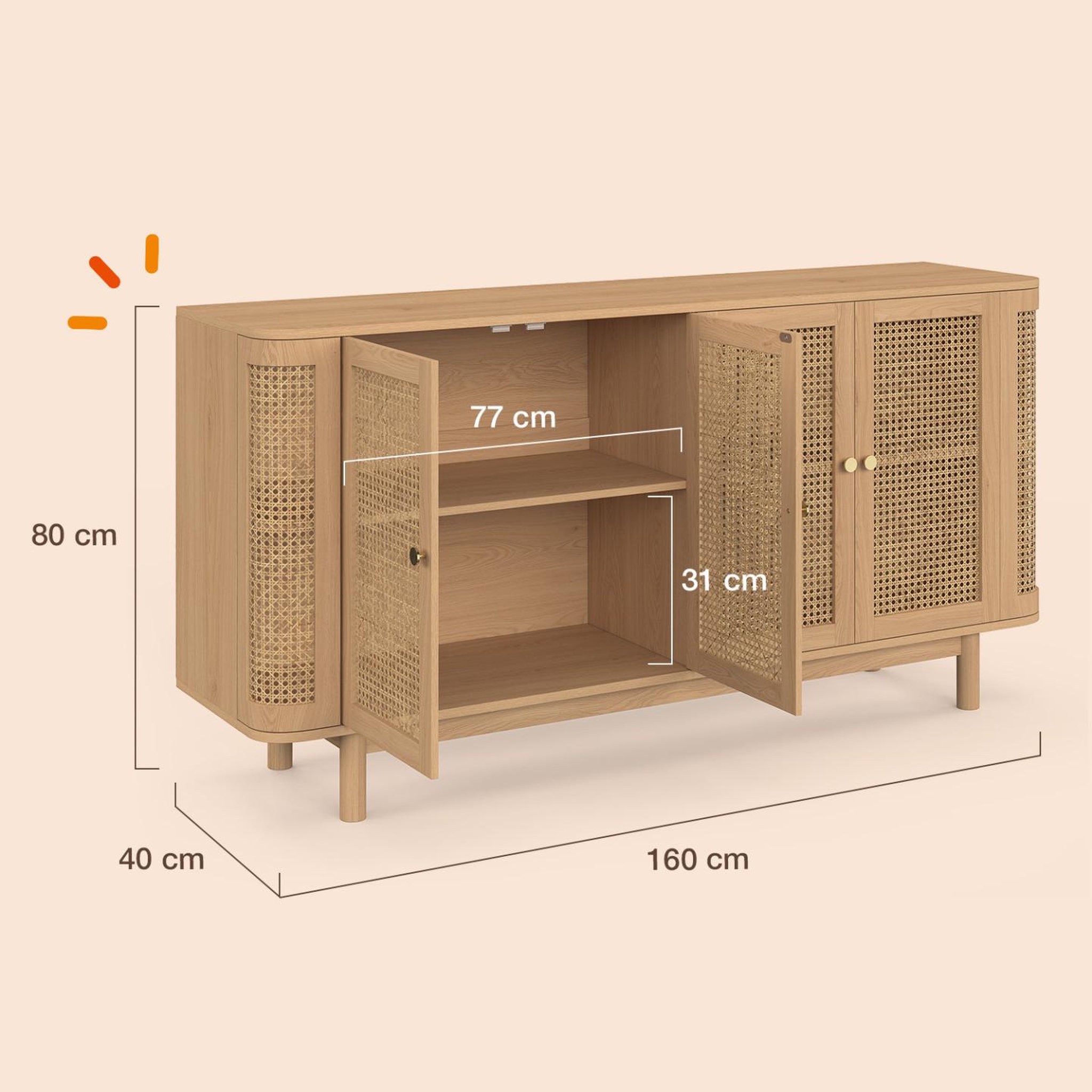 Voir la diapositive 5 : ID MARKET Buffet 160 cm DANA arrondi 4 portes bois et cannage