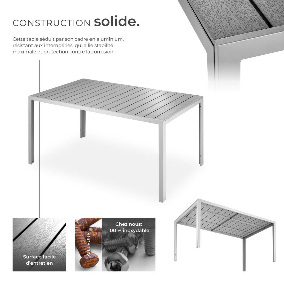 tectake Table de jardin en aluminium et plastique gris/argent