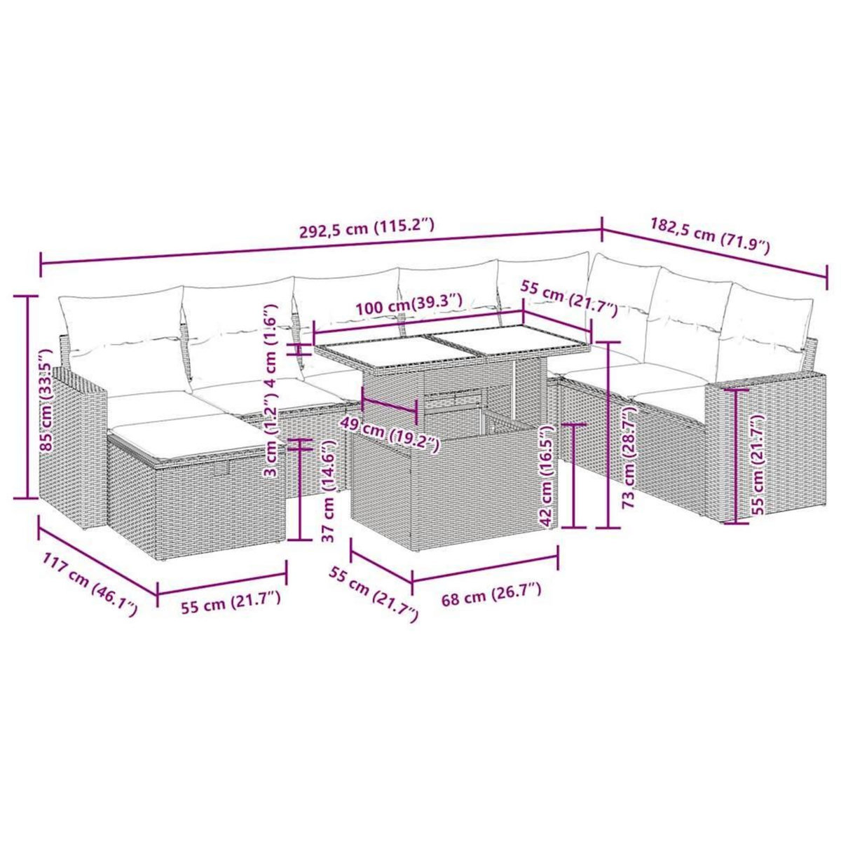 VIDAXL Salon de jardin 9 pcs avec coussins gris clair resine tressee
