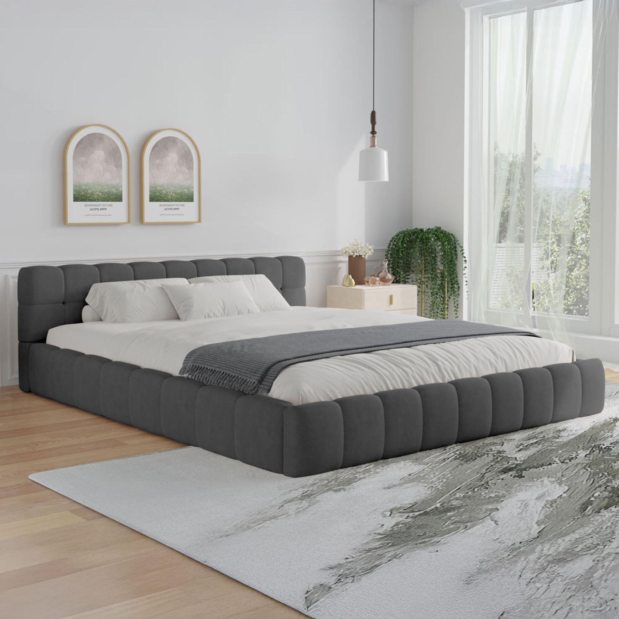 Voir la diapositive 2 : CONCEPT USINE Lit style nuage 160x200cm en velours gris kansas