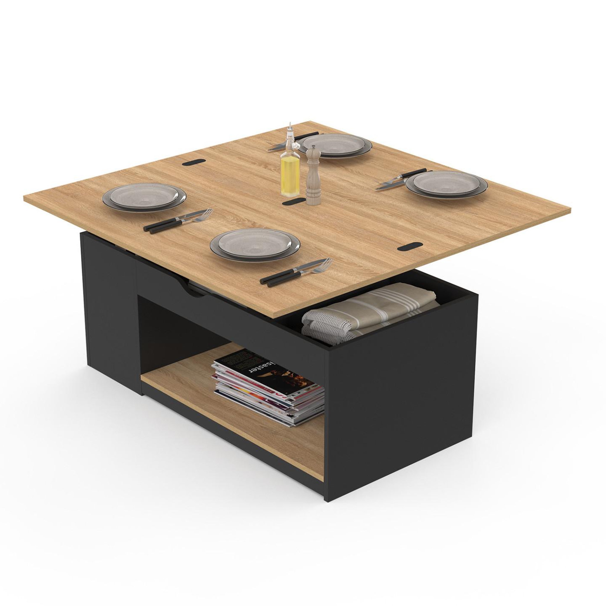 ID MARKET Table basse plateau relevable rectangulaire convertible en table à manger elea 100 cm bois noir et façon hêtre