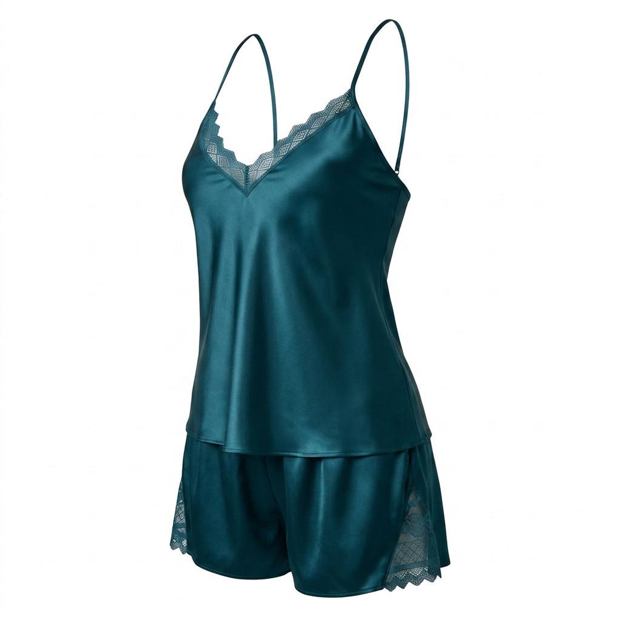 Voir la diapositive 1 : OZABI OZABI Pyjama Femme Satiné Débardeur Dentelle Col V Toucher Soie
