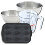 Voir la diapositive 1 : ZENKER Set pâtisserie avec moule 9 madeleines 28 x 18 cm en silicone, 2 bols à mixer, verre mesureur et spatule Zenker