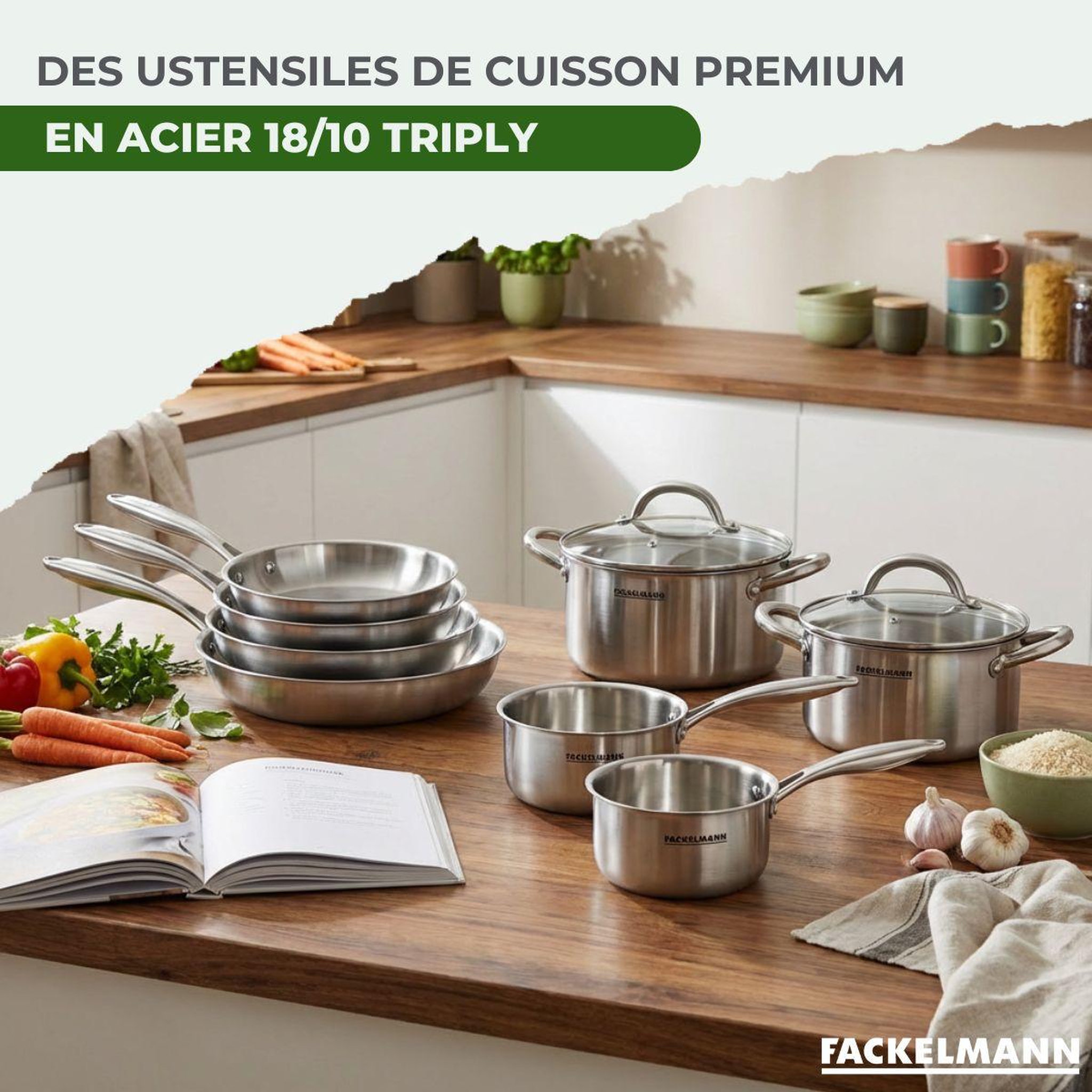 Voir la diapositive 4 : Fackelmann Batterie de cuisine avec 1 poêle 26 cm 2 casseroles 14/18 cm et 2 faitouts 20/24 cm sans pfas fackelmann vita3