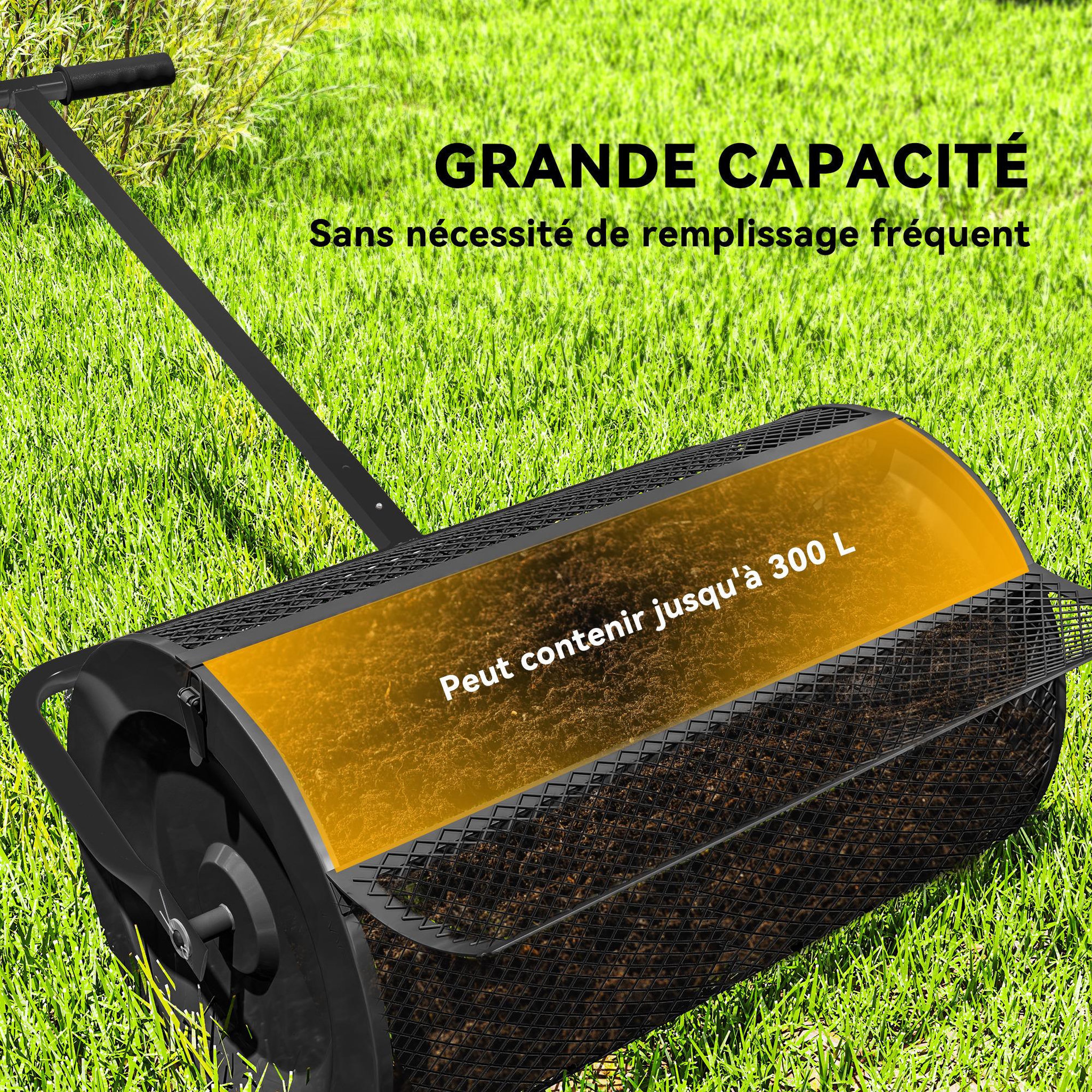 Voir la diapositive 4 : OUTSUNNY Épandeur de compost 75L - rouleau épandeur - poignée telescopique réglable - métal noir