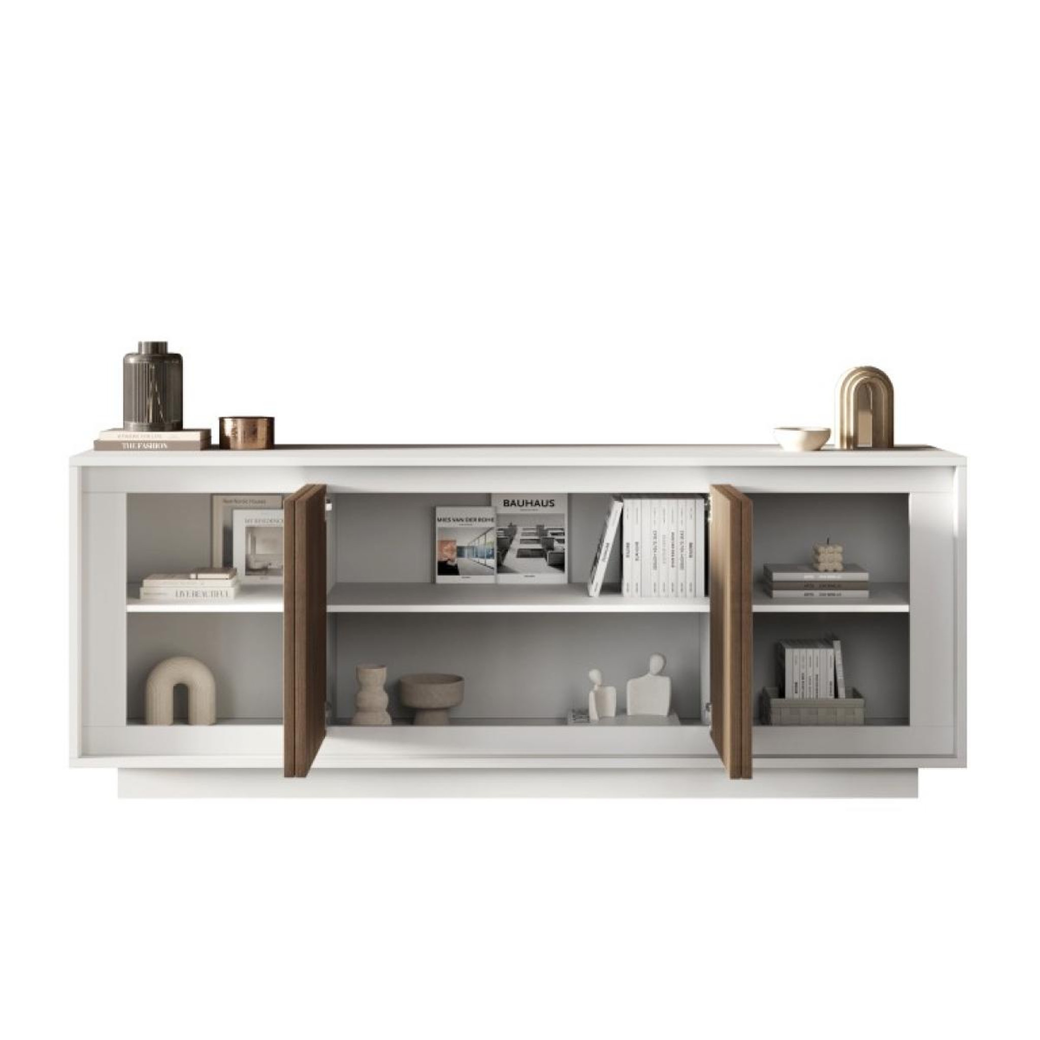 Voir la diapositive 3 : JLC KREATION Buffet bas contemporain 4 portes blanc et noyer YORI