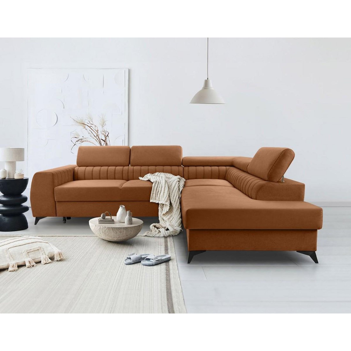 BEST MOBILIER Aneta - canapé d'angle droit 5 places - convertible avec coffre et têtières - en velours