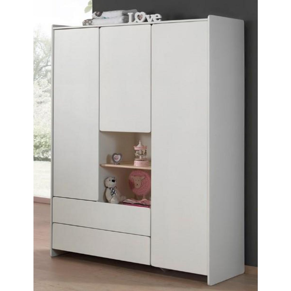 Armoire 3 portes 2 tiroirs L133cm KID