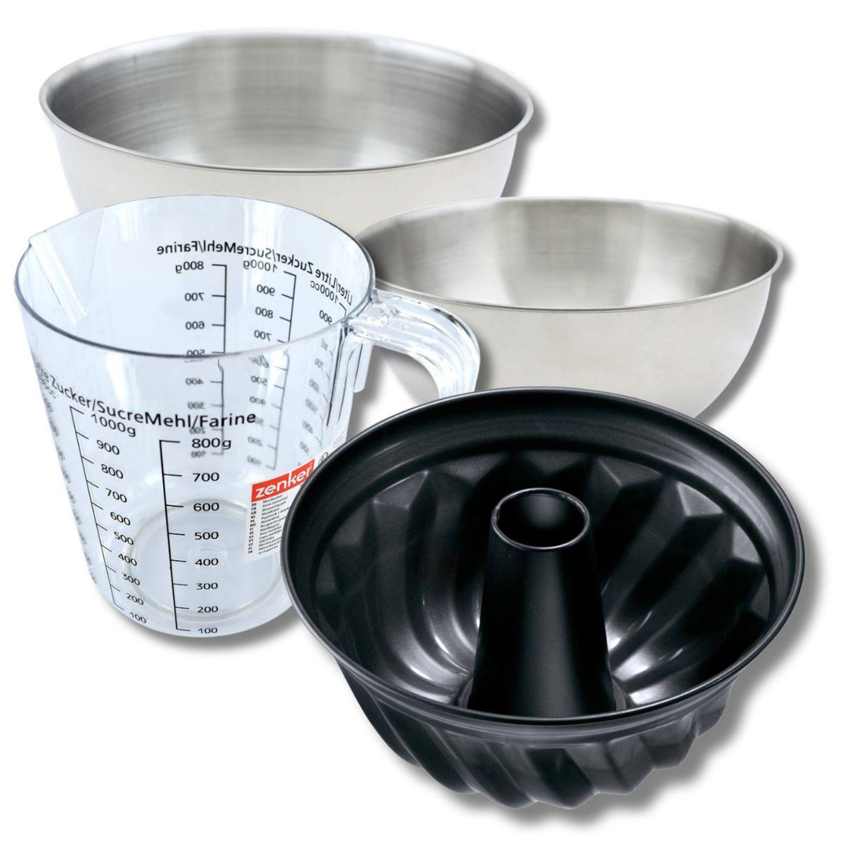 ZENKER Set pâtisserie avec moule à kouglof 25 cm, 2 bols à mixer, verre mesureur et spatule Zenker