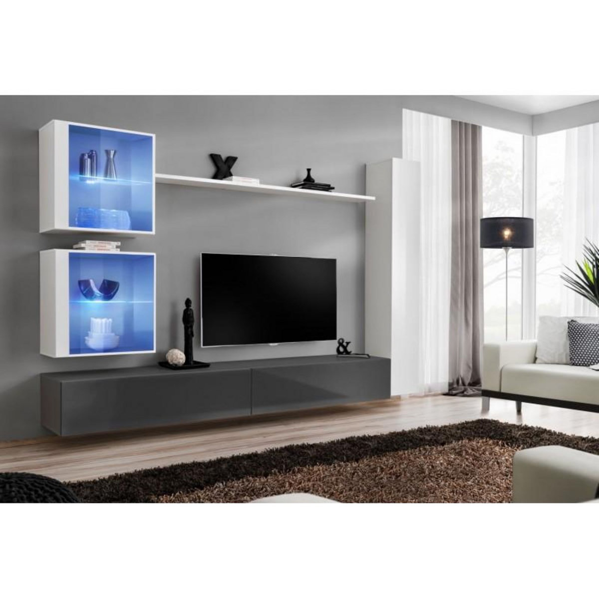 Paris Prix Meuble TV Mural Design  Switch XVIII  280cm Gris & Blanc