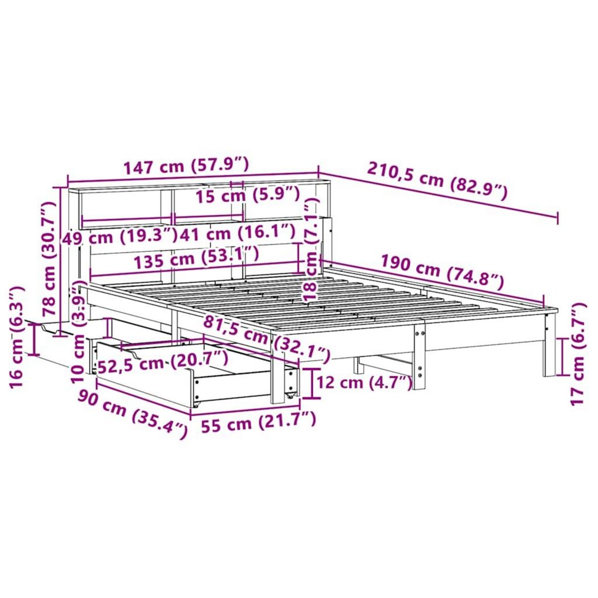 VIDAXL Lit bibliotheque sans matelas cire marron 135x190 cm pin massif