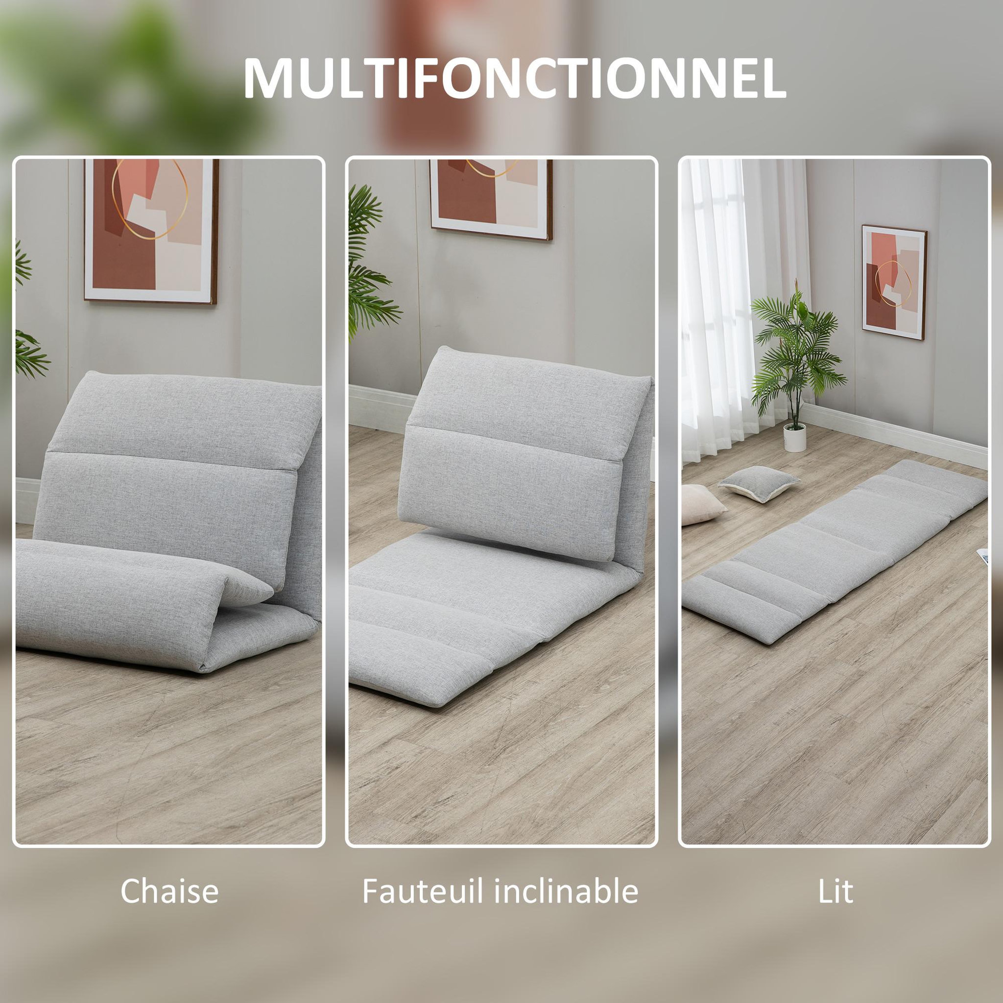 Voir la diapositive 6 : HOMCOM Fauteuil convertible fauteuil paresseux grand confort inclinaison dossier multipositions 90°-180° acier tissu gris clair