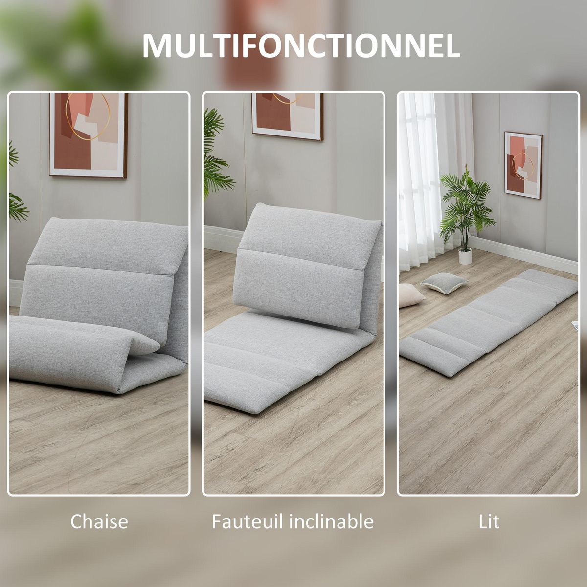 HOMCOM Fauteuil convertible fauteuil paresseux grand confort inclinaison dossier multipositions 90°-180° acier tissu gris clair