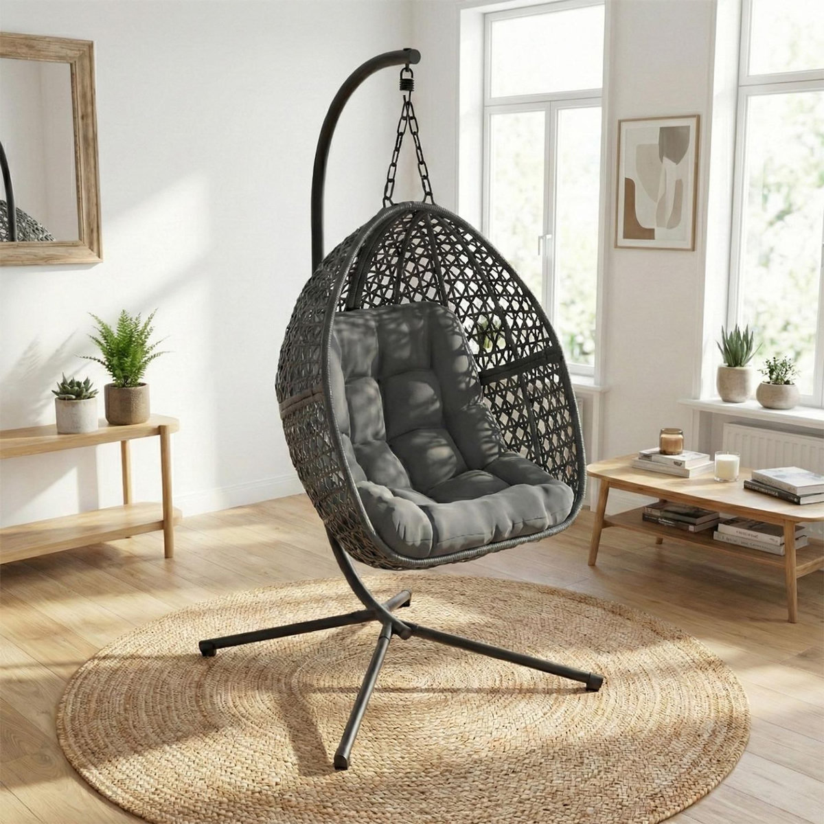 ID MARKET Fauteuil lune suspendu ajouré effet rotin avec coussin gris