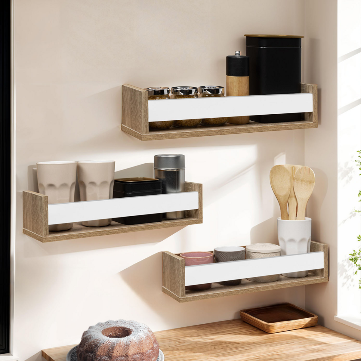 ID MARKET Lot de 3 étagères à épices murales JULES façon hêtre et blanc