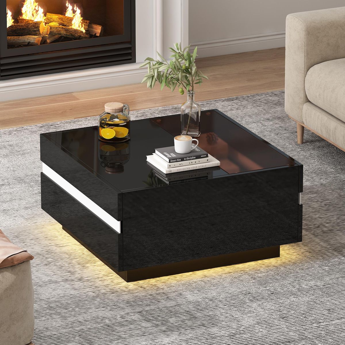 MERAX Table basse carrée noir avec 2 tiroirs - 70x70 cm led panneau de particules