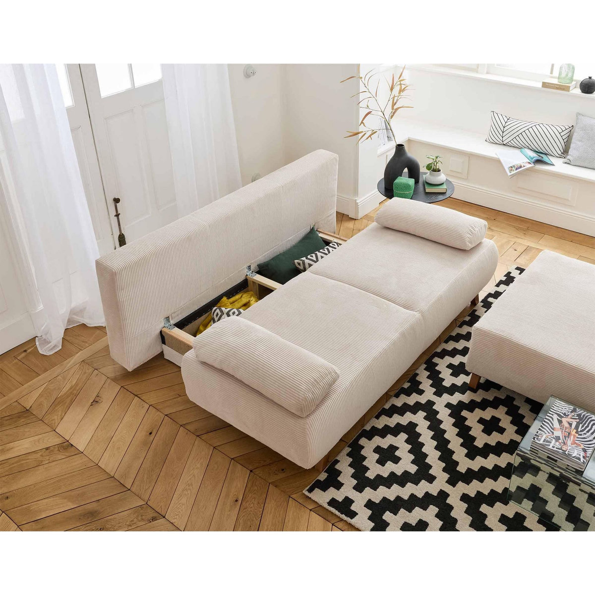 BEST MOBILIER Cristal - canapé 3 places - convertible avec coffre et grand pouf - en velours côtelé