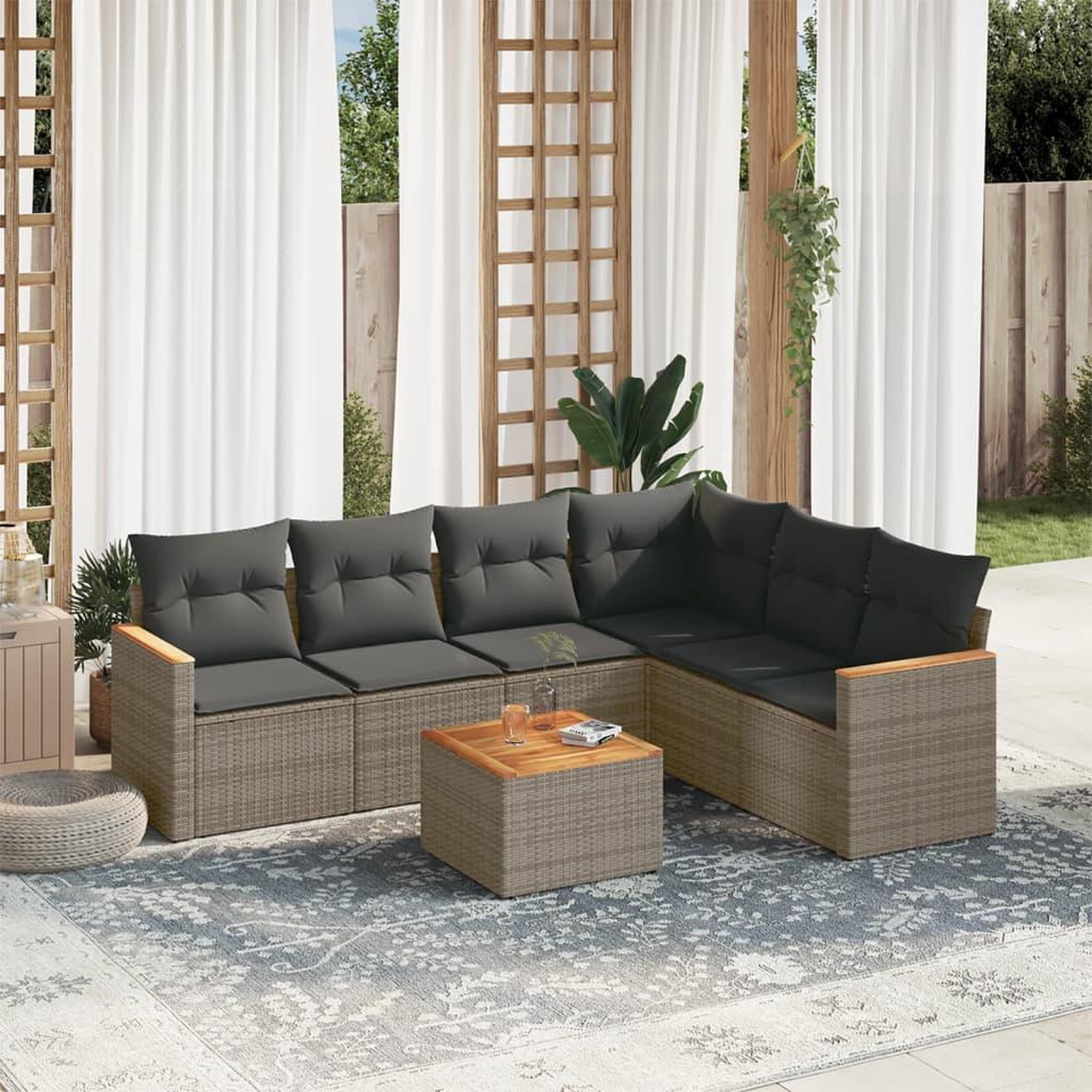 VIDAXL Salon de jardin avec coussins 7 pcs gris resine tressee
